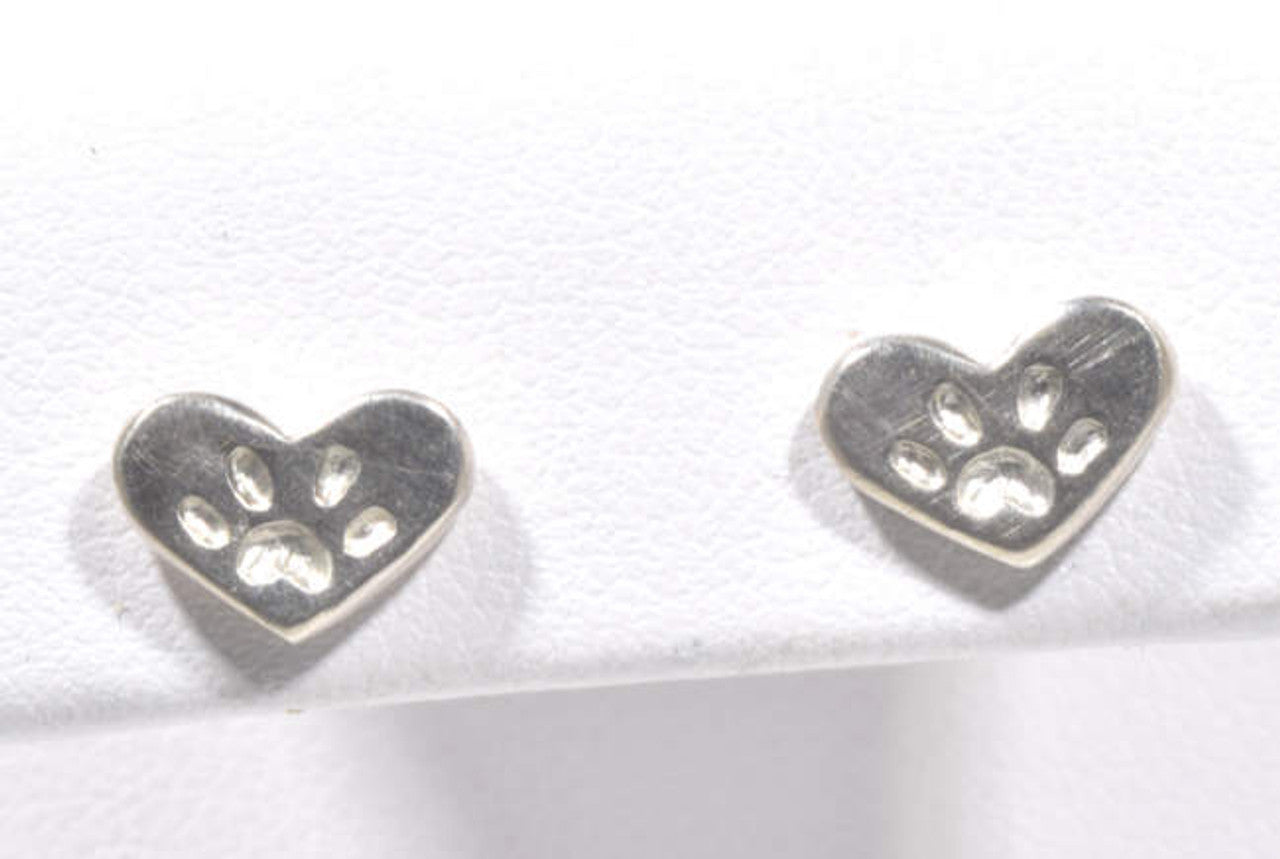 Paw Print Sterling Silver Heart Studs