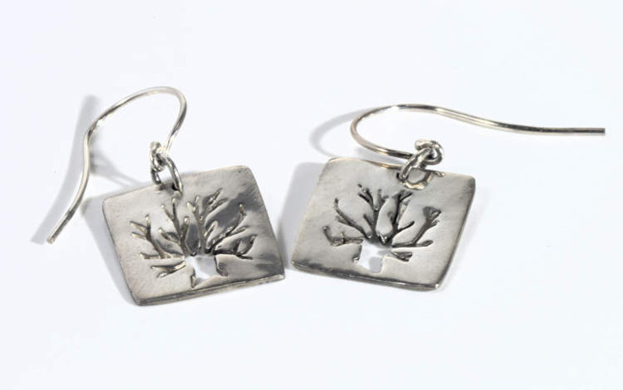 Square Tree of Life Silver Dangle Earrings