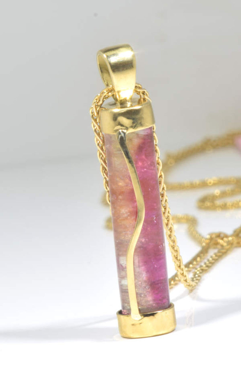 Pink Tourmaline Cylinder 18 k Gold Necklace