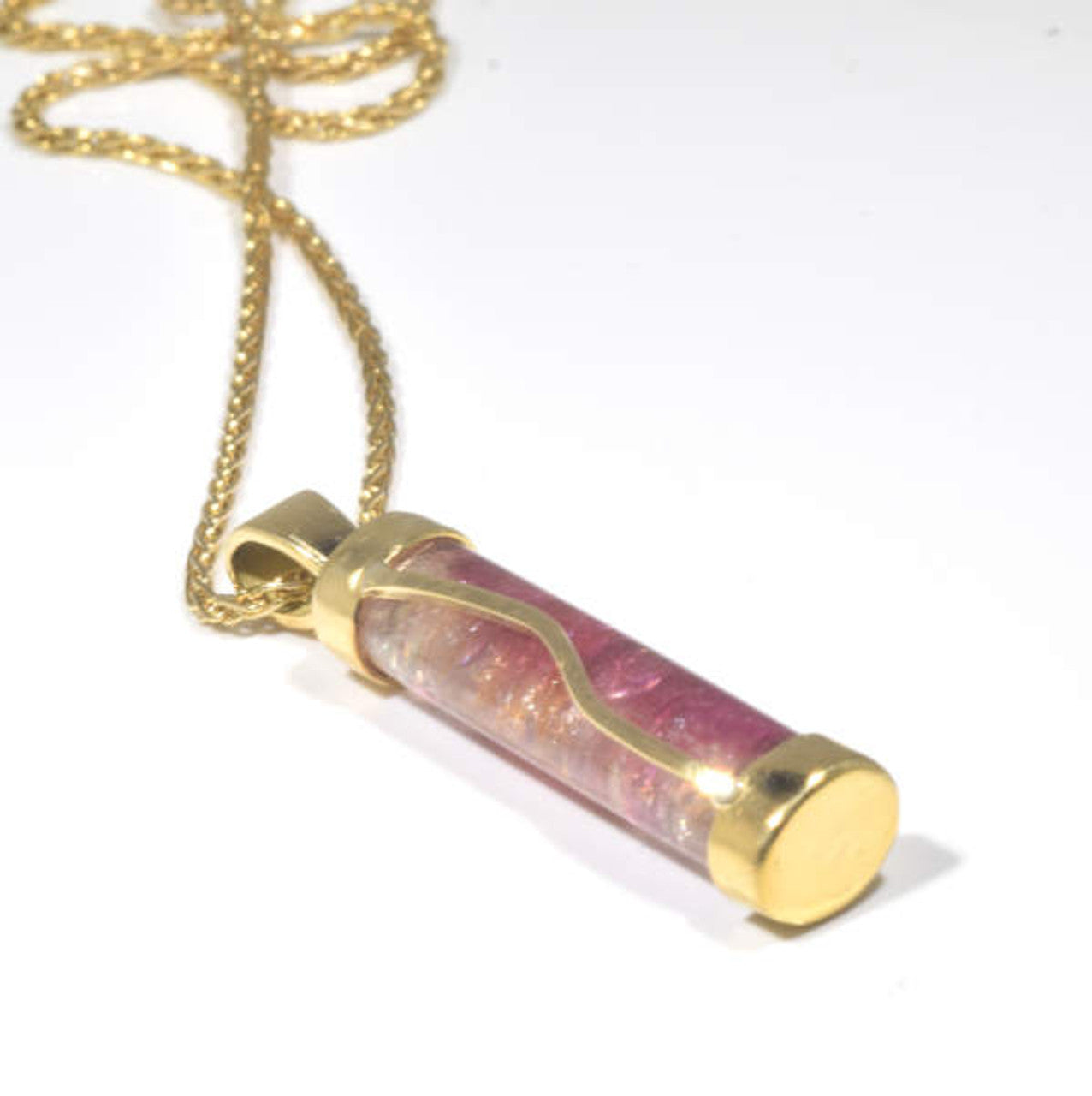 Pink Tourmaline Cylinder 18 k Gold Necklace