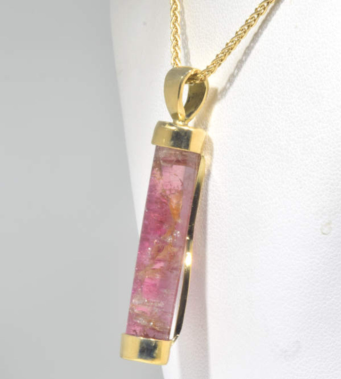 Pink Tourmaline Cylinder 18 k Gold Necklace