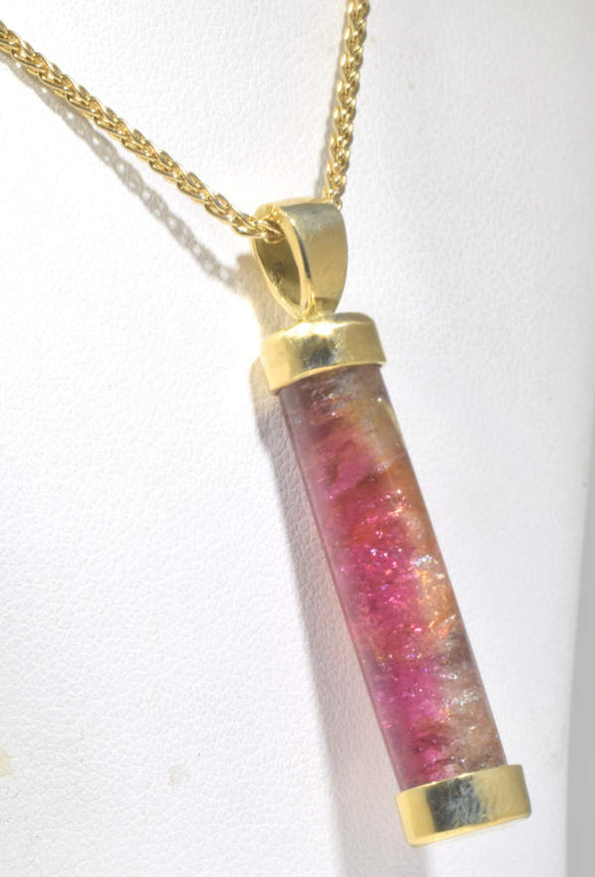 Pink Tourmaline Cylinder 18 k Gold Necklace