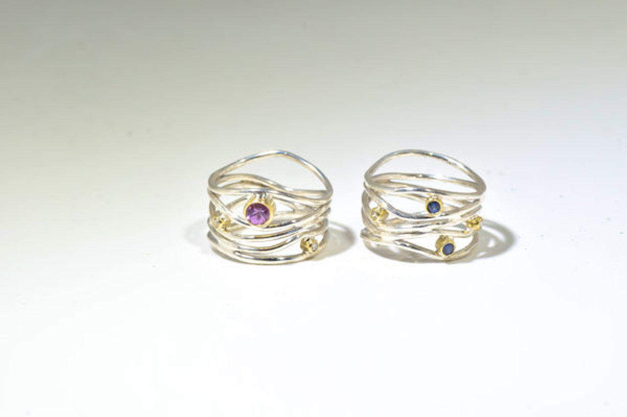 Blue Sapphire and Diamond Sterling Silver Wire Ring