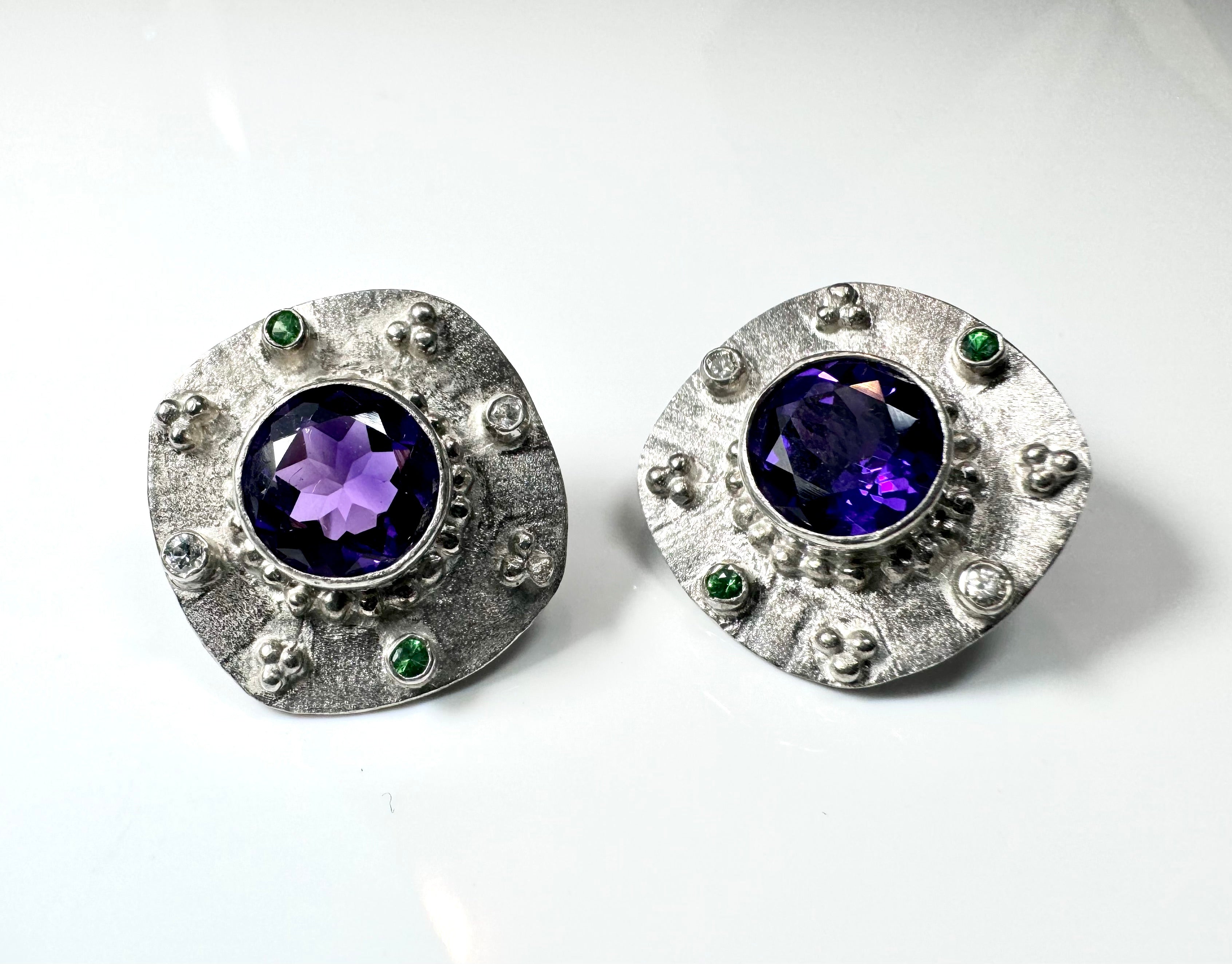 Amethyst, Tsavorite Garnet, & Diamond Sterling Silver Earrings