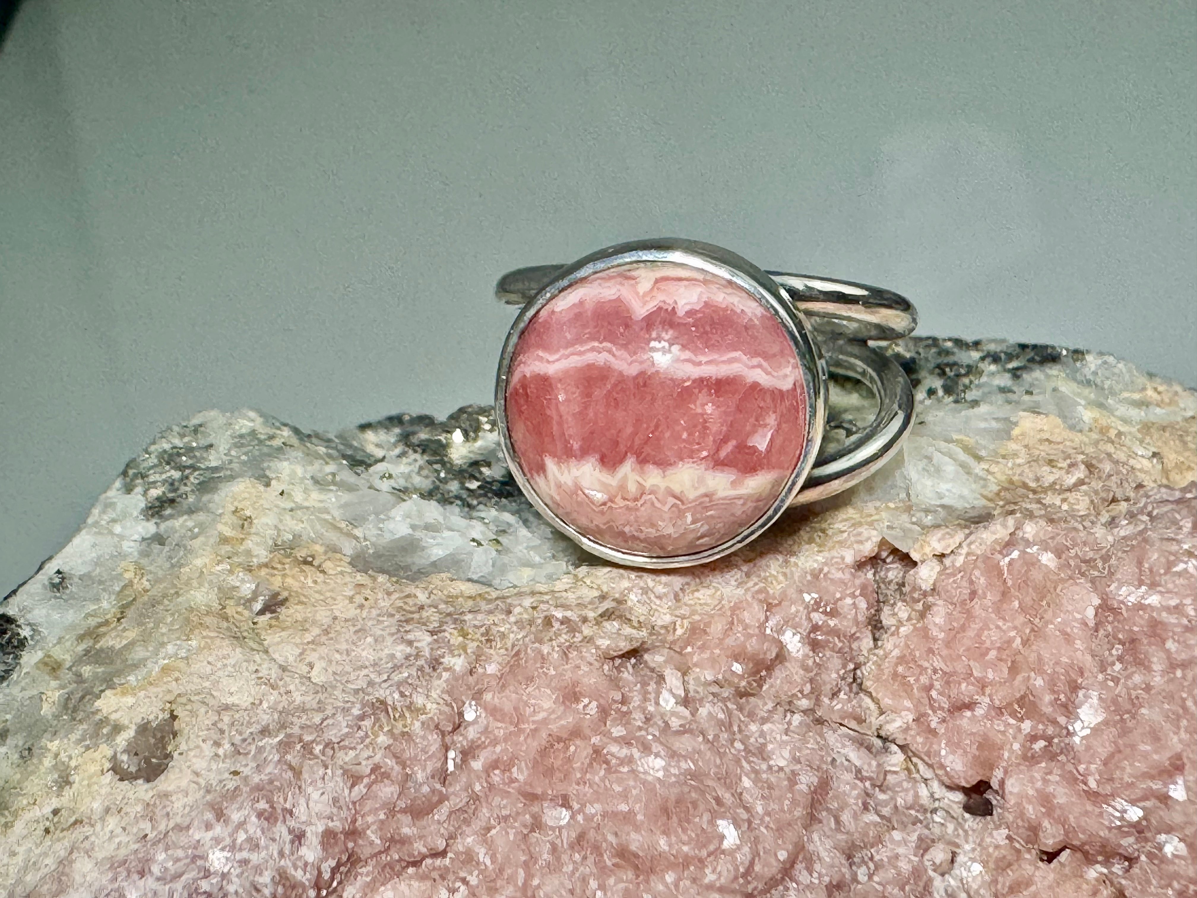 Rhodochrosite Round Split Shank Sterling Ring