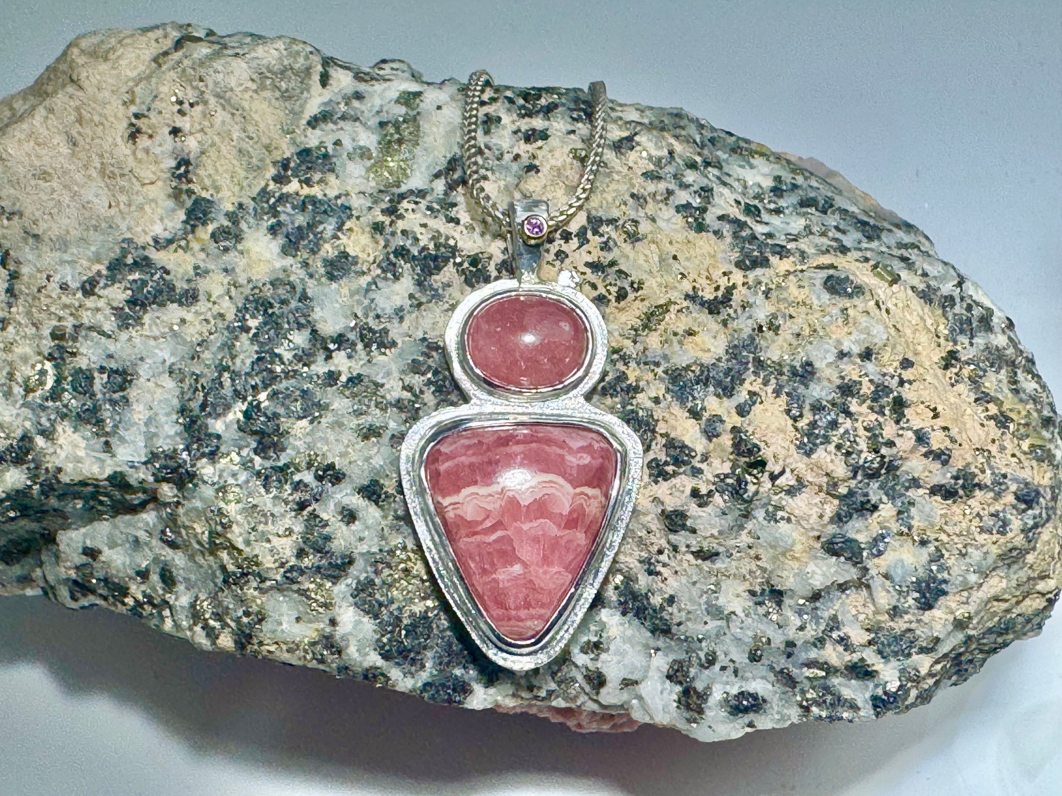 Rhodochrosite 2 Stone &  Pink Diamond Sterling Pendant