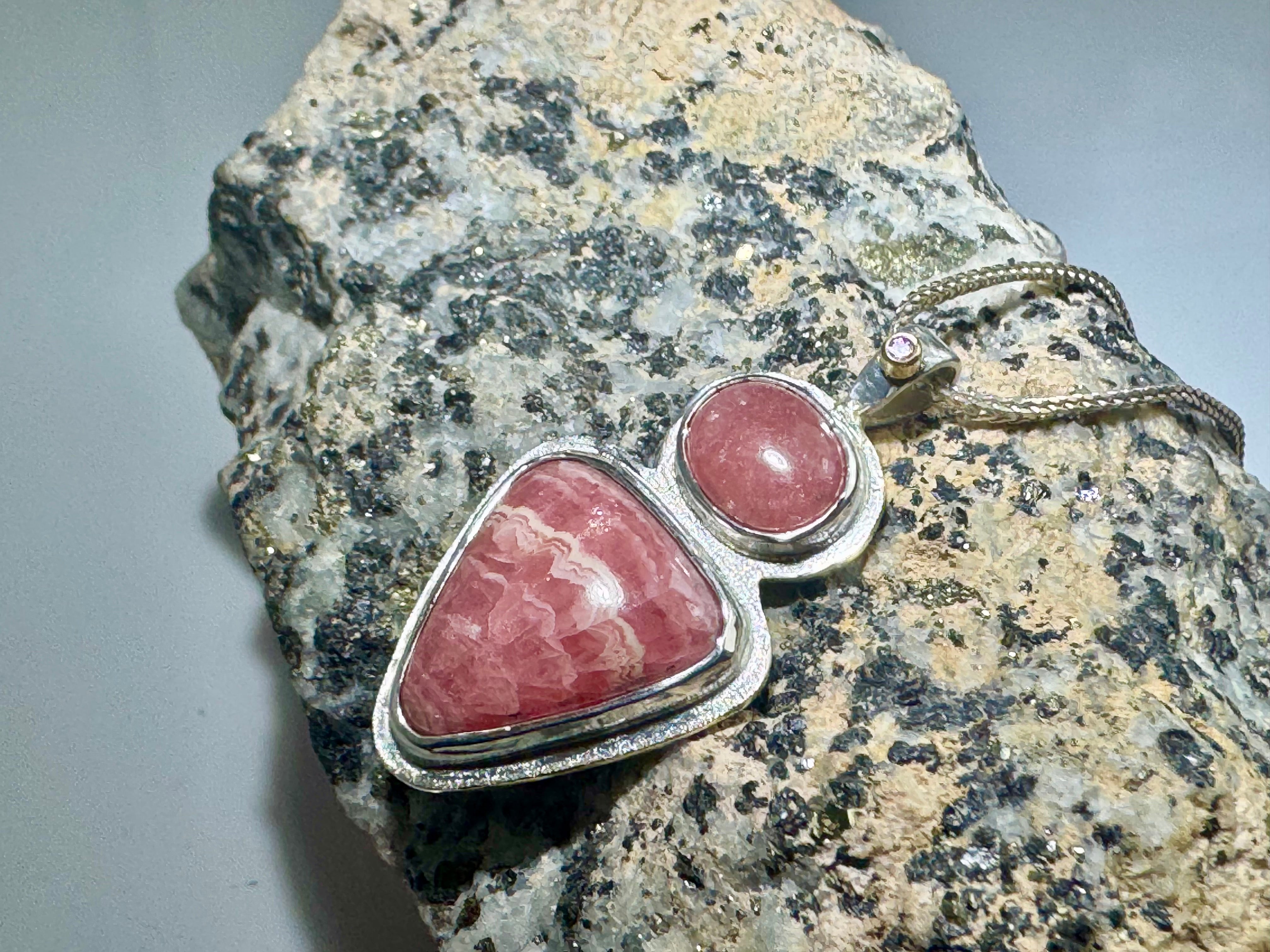 Rhodochrosite 2 Stone &  Pink Diamond Sterling Pendant