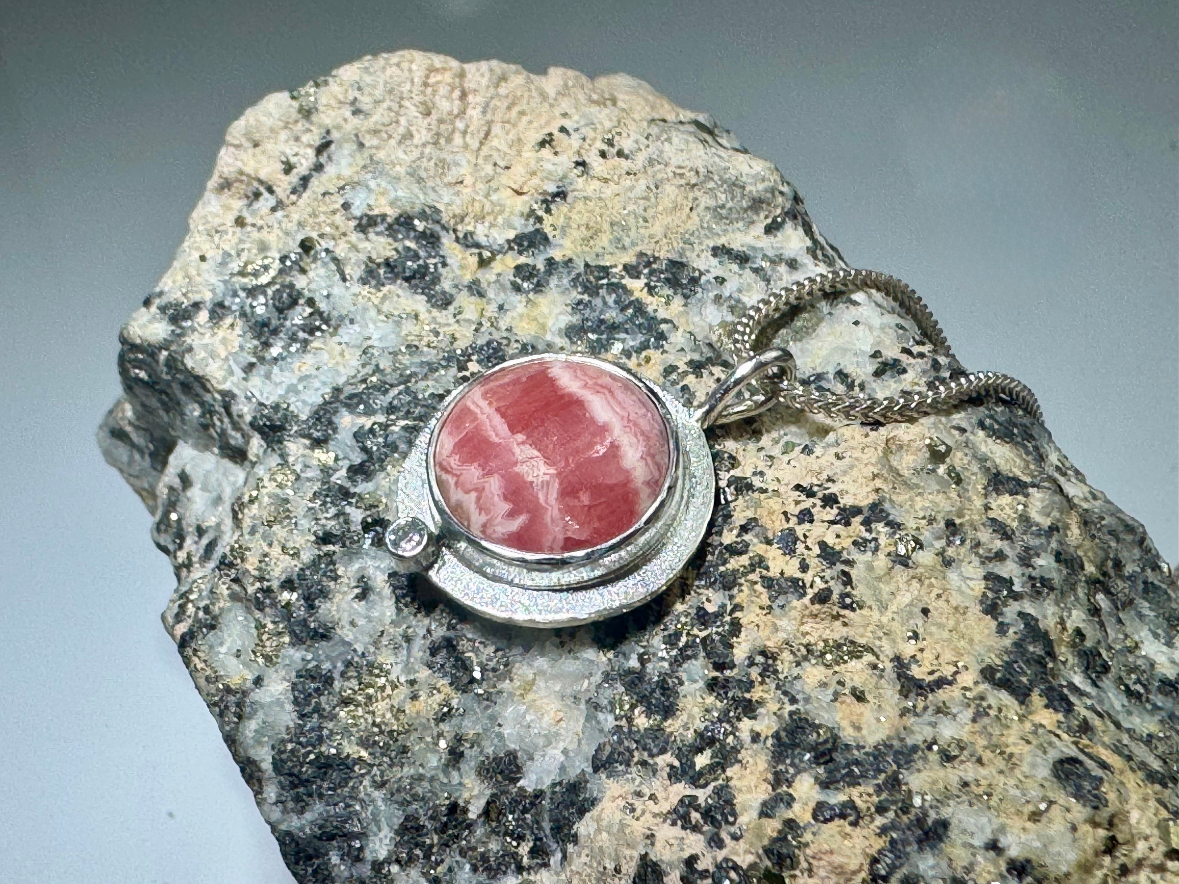 Rhodochrosite & Diamond Round Sterling Pendant