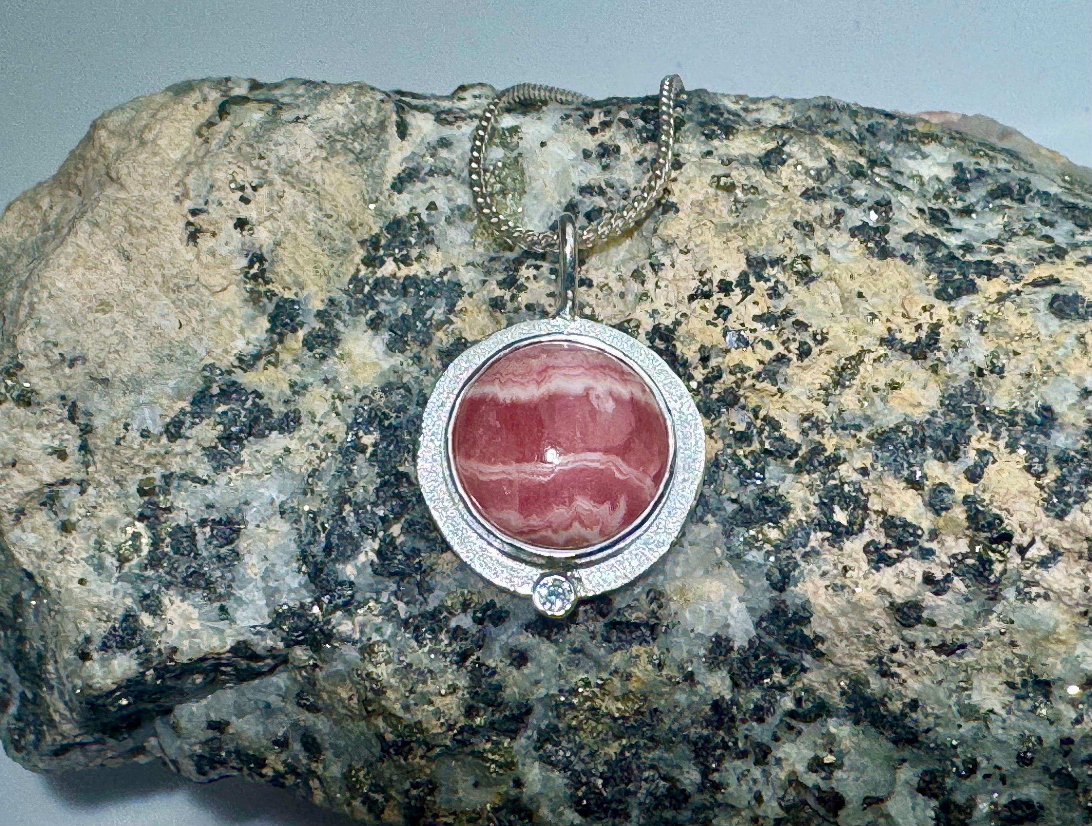 Rhodochrosite & Diamond Round Sterling Pendant