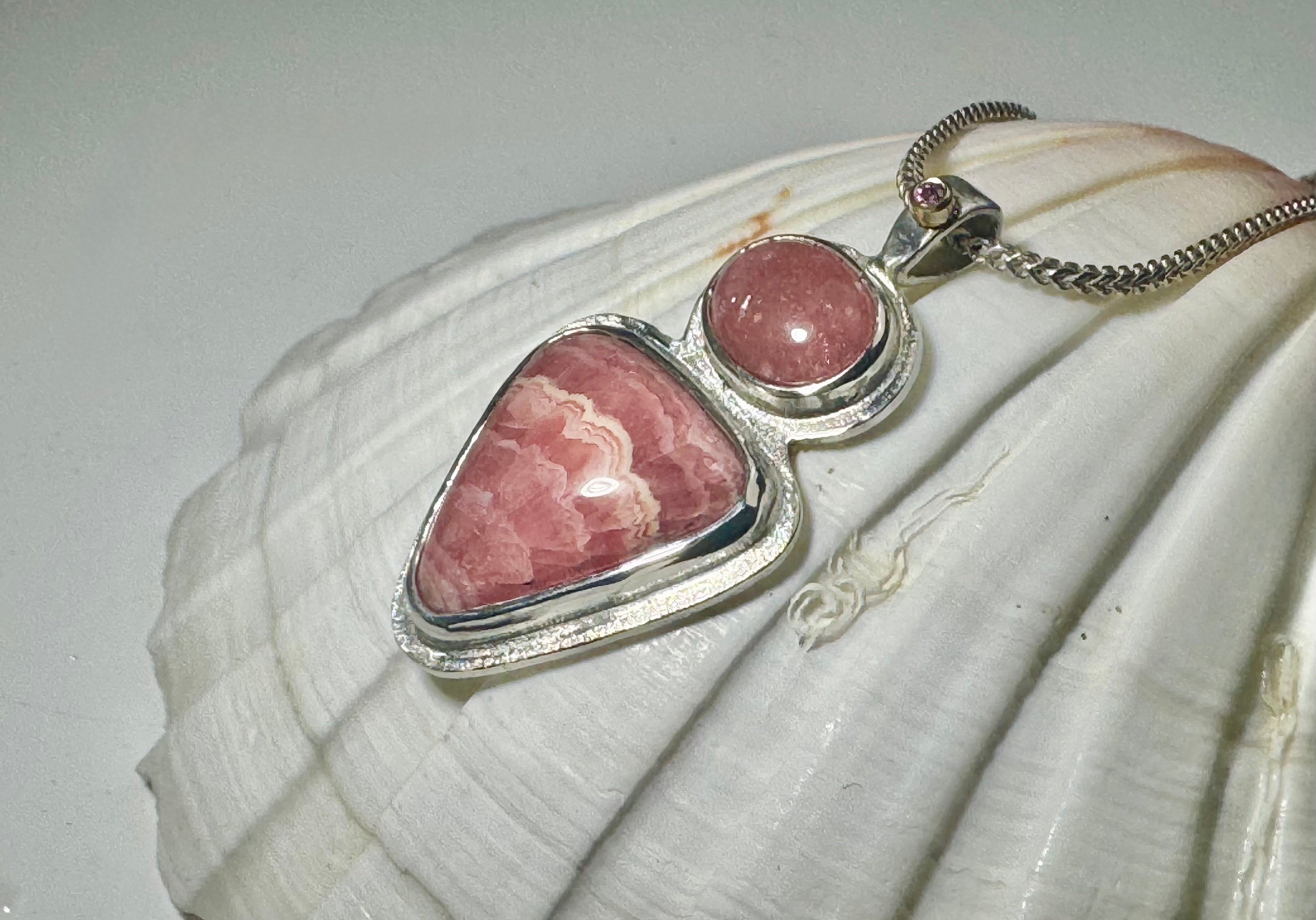 Rhodochrosite 2 Stone &  Pink Diamond Sterling Pendant
