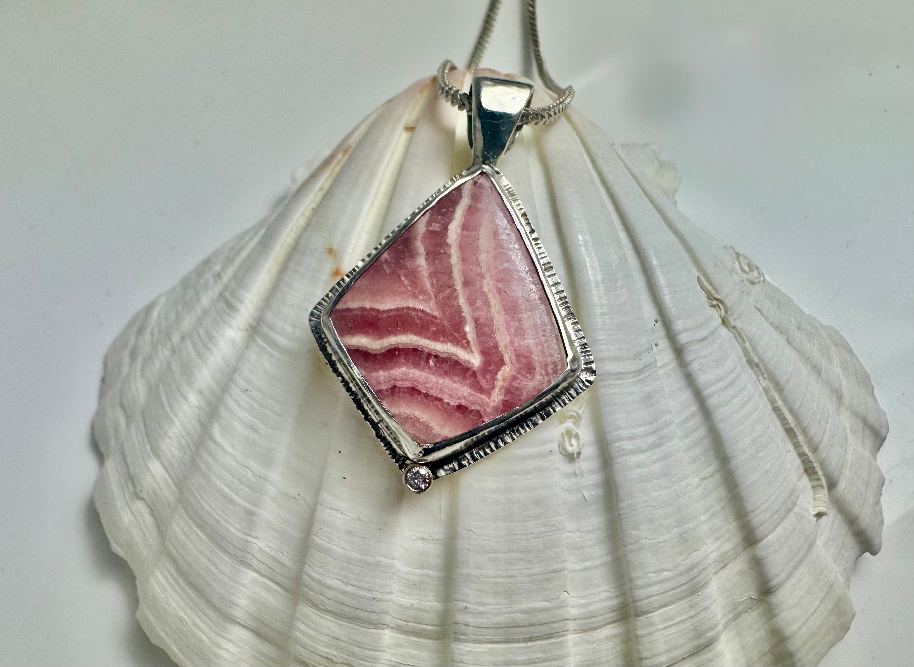 Rhodochrosite & Diamond Sterling Pendant