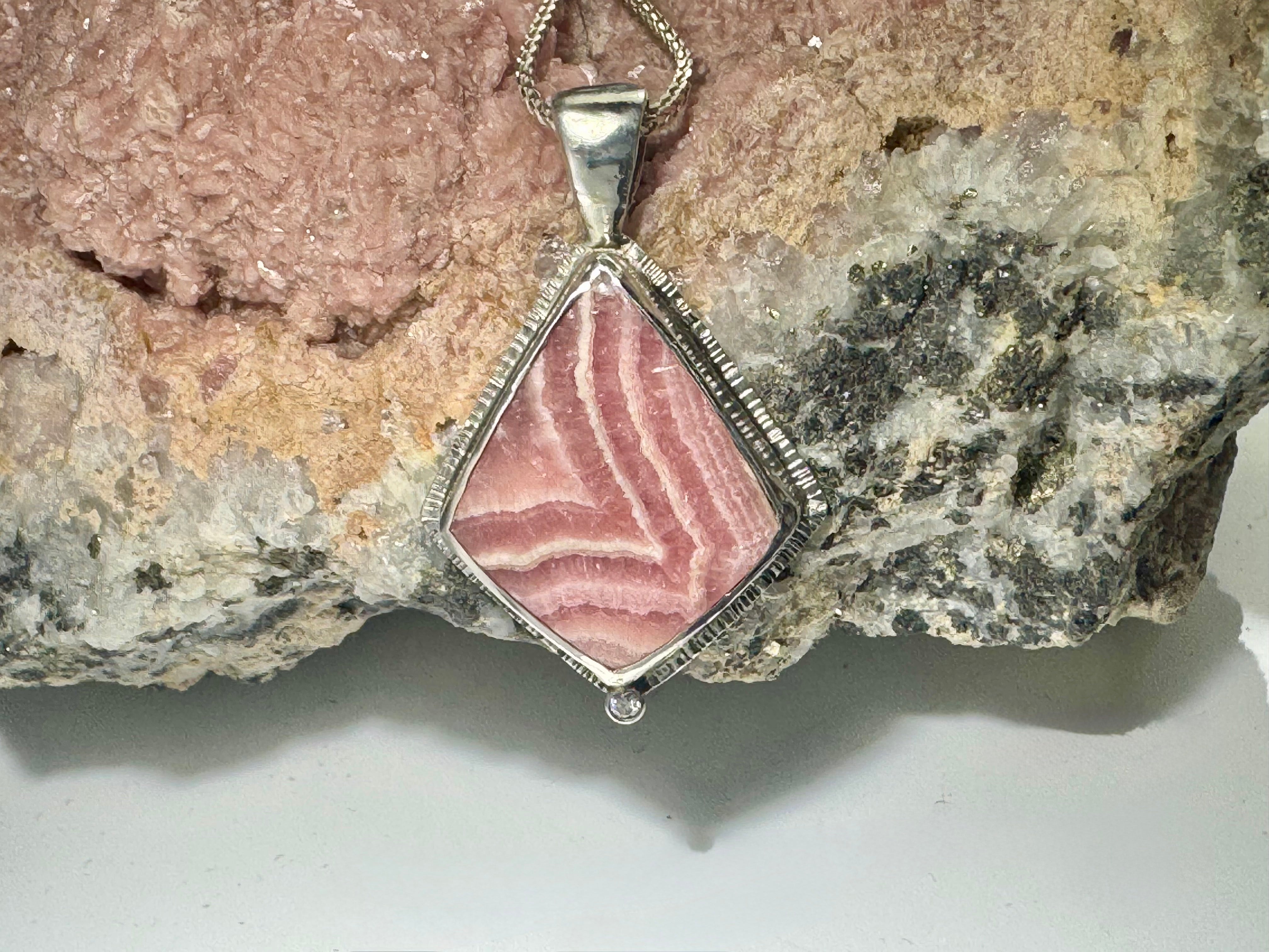 Rhodochrosite & Diamond Sterling Pendant
