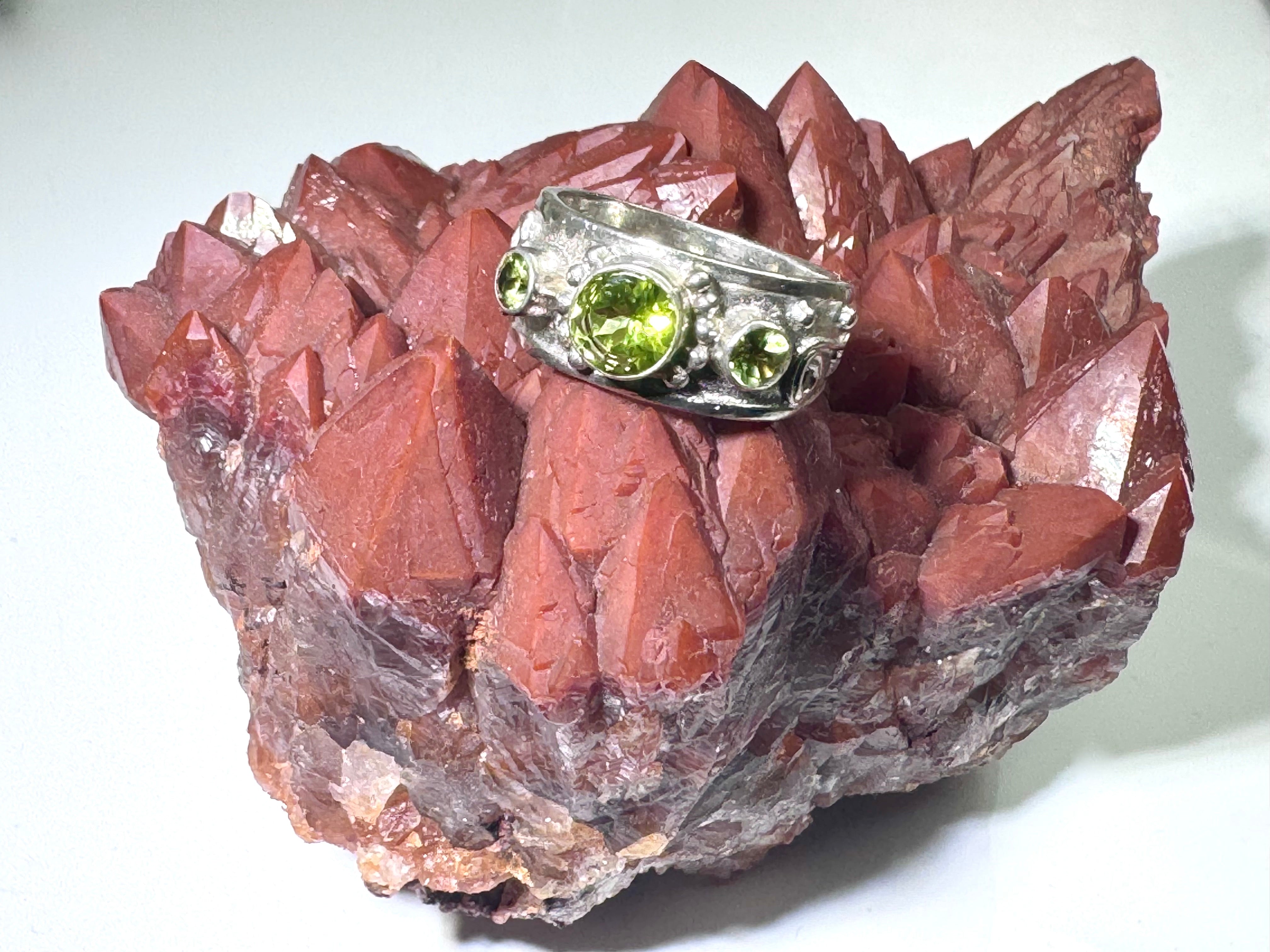 Peridot 3 Stone Sterling Ring