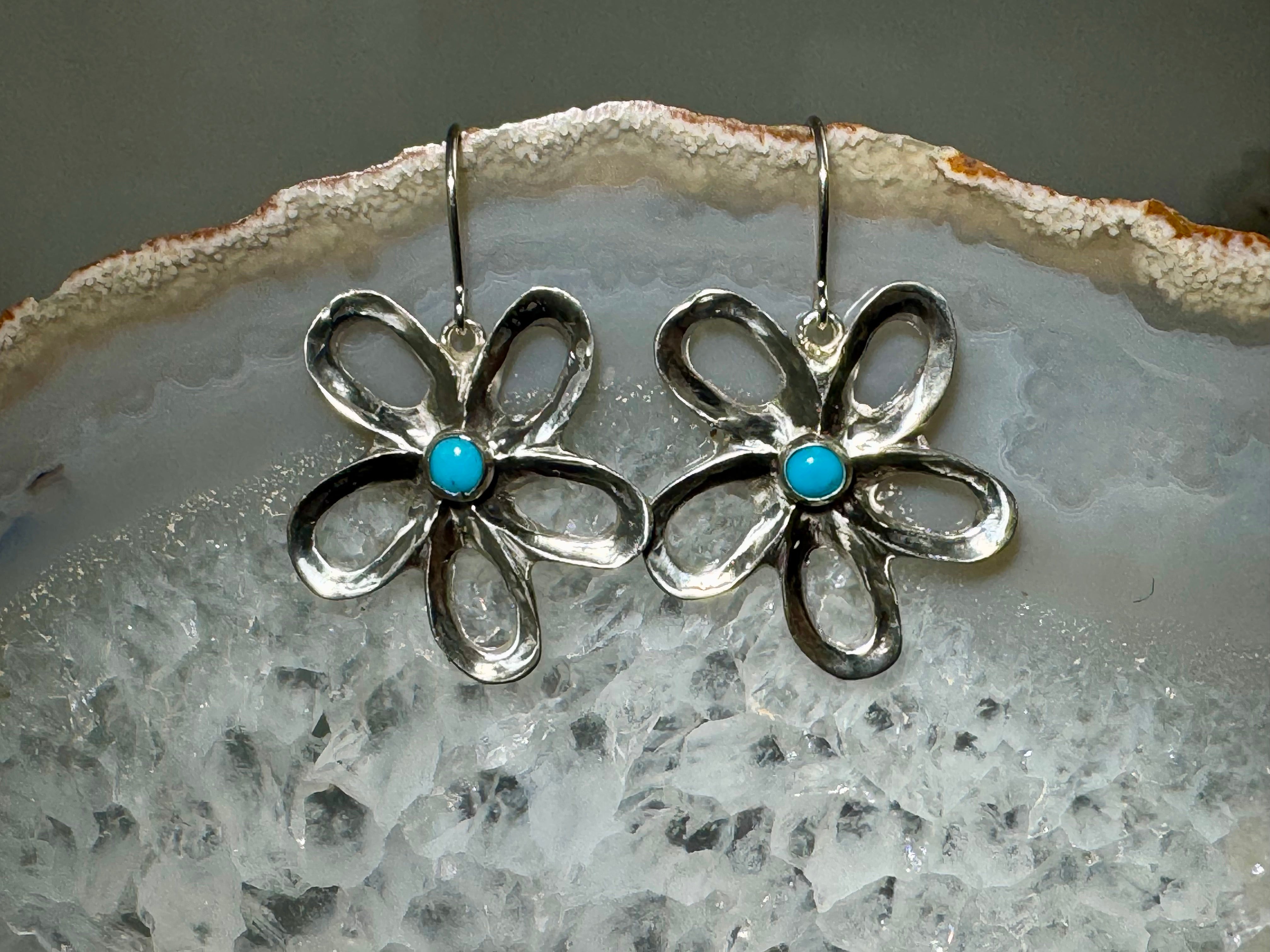 Turquoise Large Open Flower Sterling Dangles