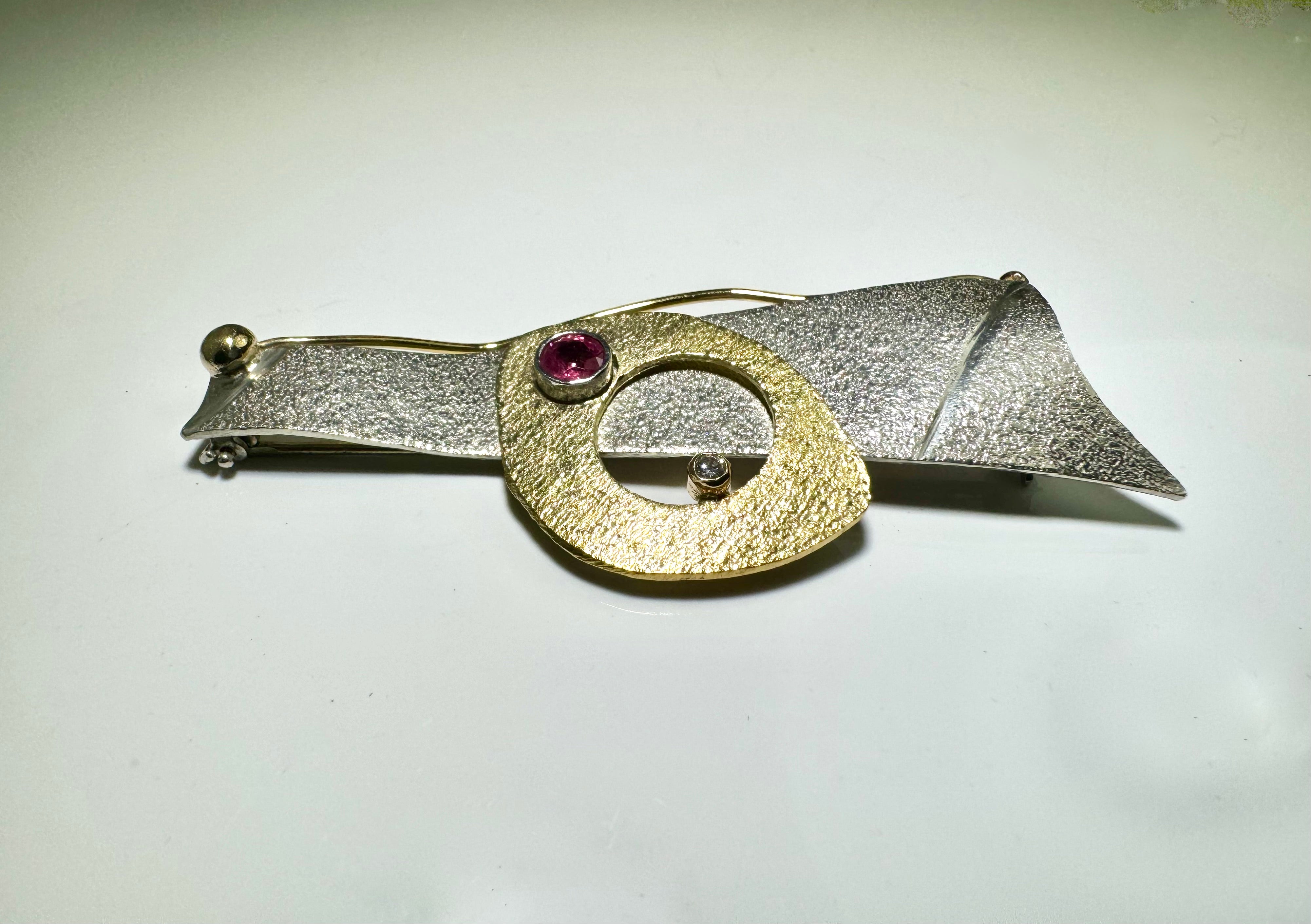 Pink Sapphire Textured 22k & Sterling Pin