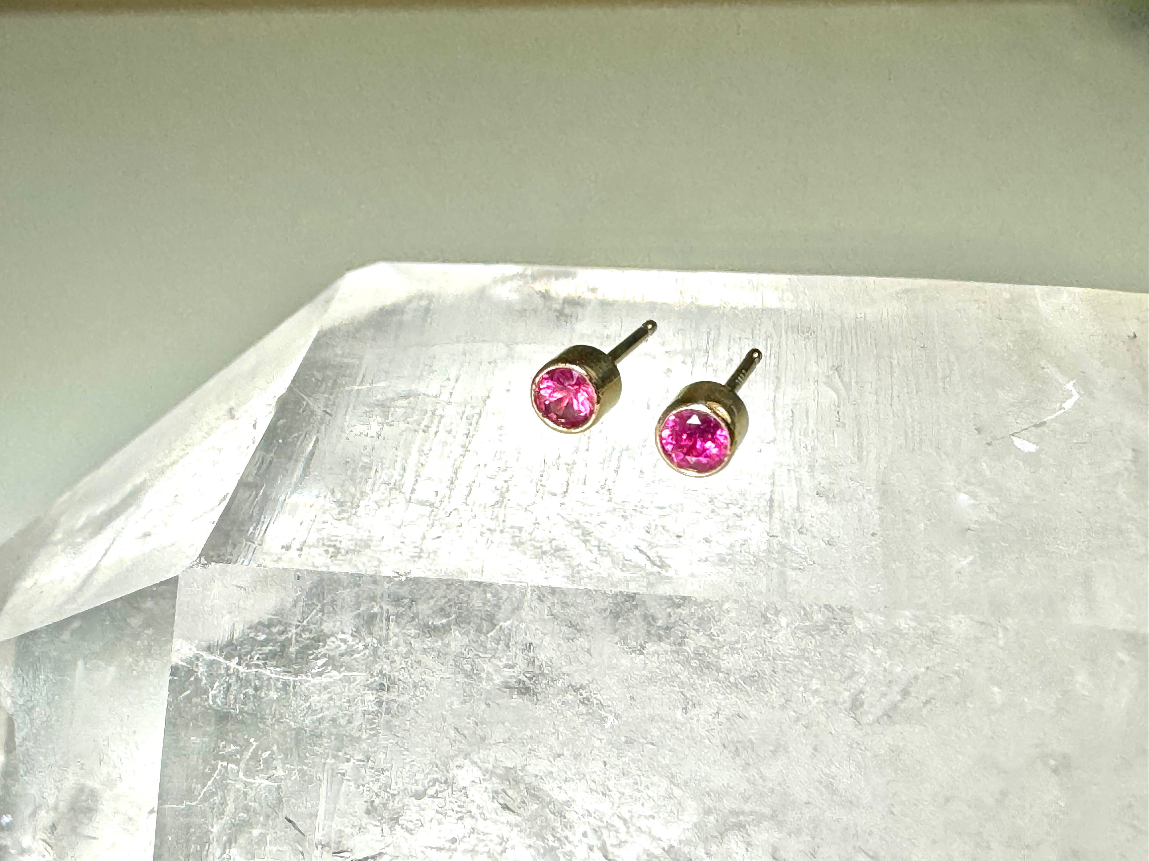 Pink Sapphire Bezel 14k Studs