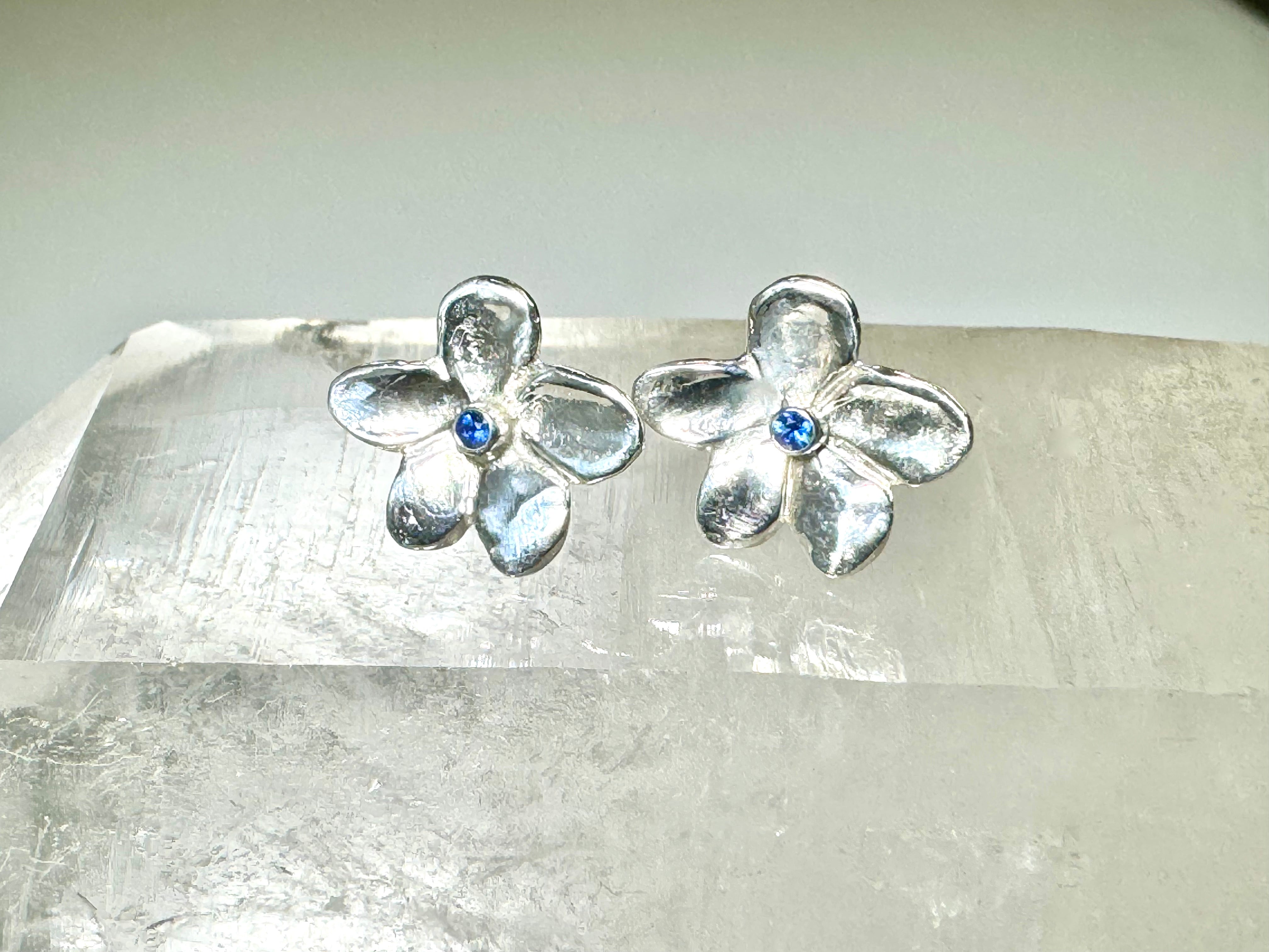 Blue Sapphire Flower Sterling Studs