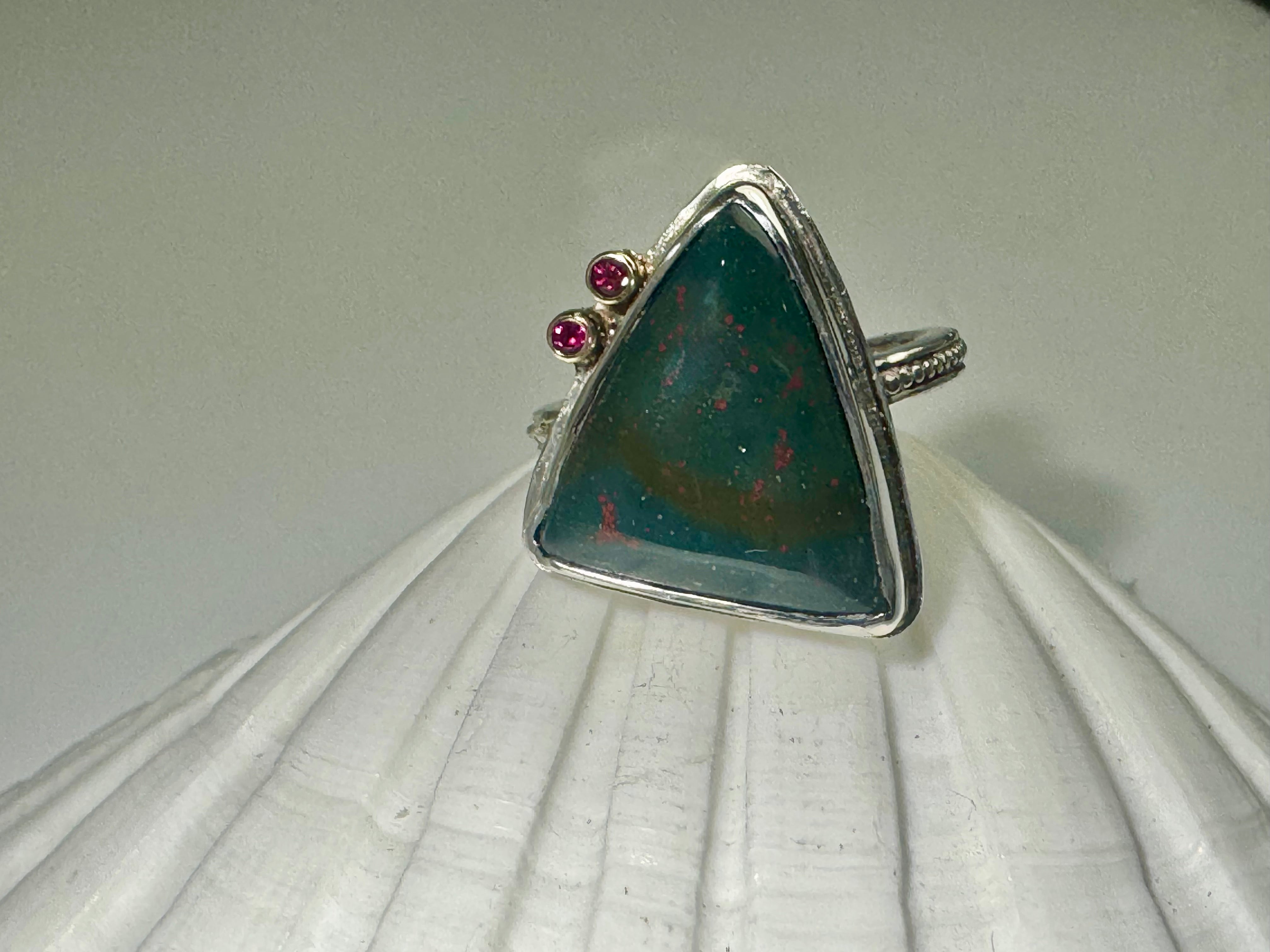 Bloodstone & Ruby Triangle Sterling Ring