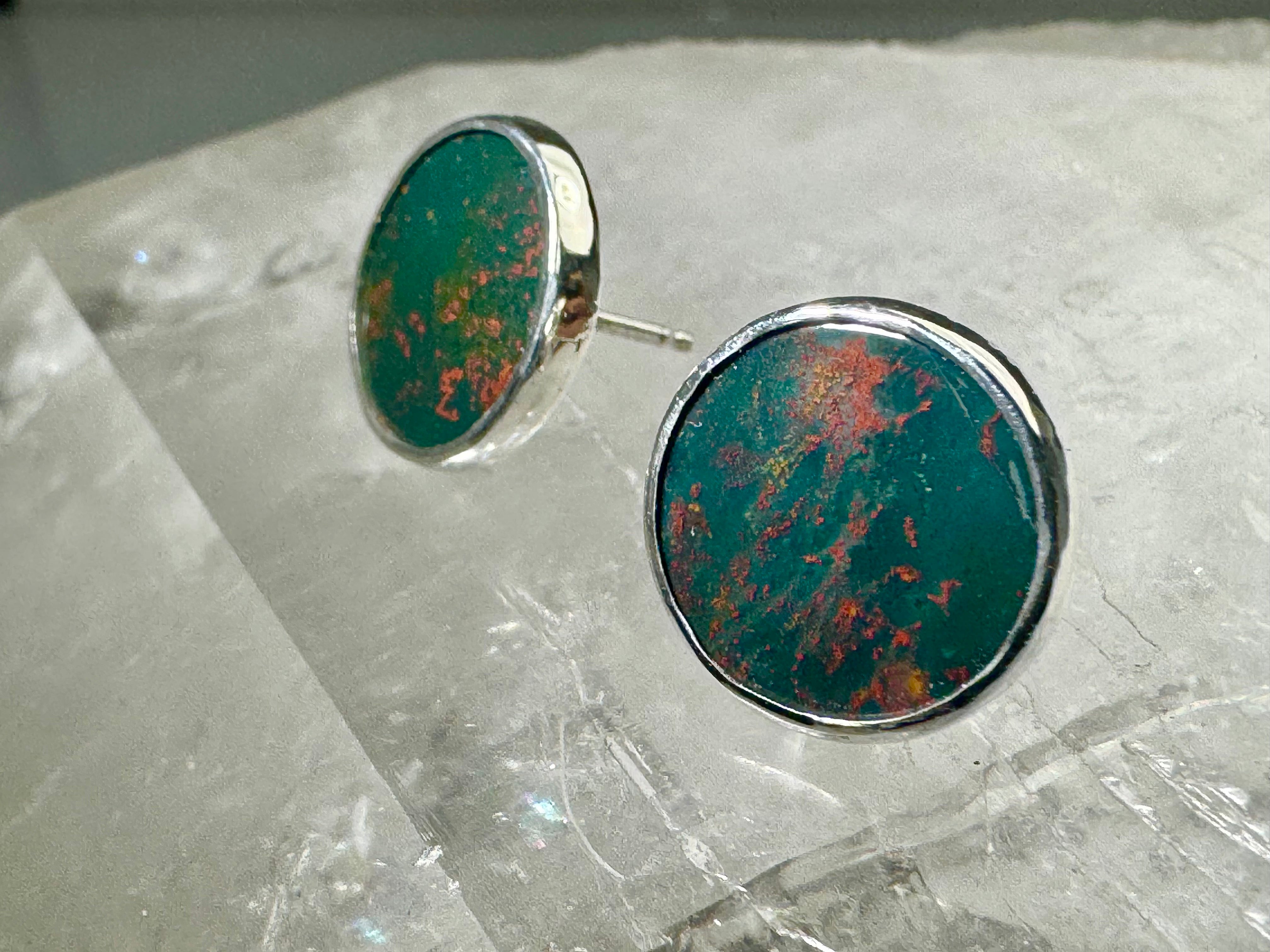 Bloodstone 14mm Sterling Studs