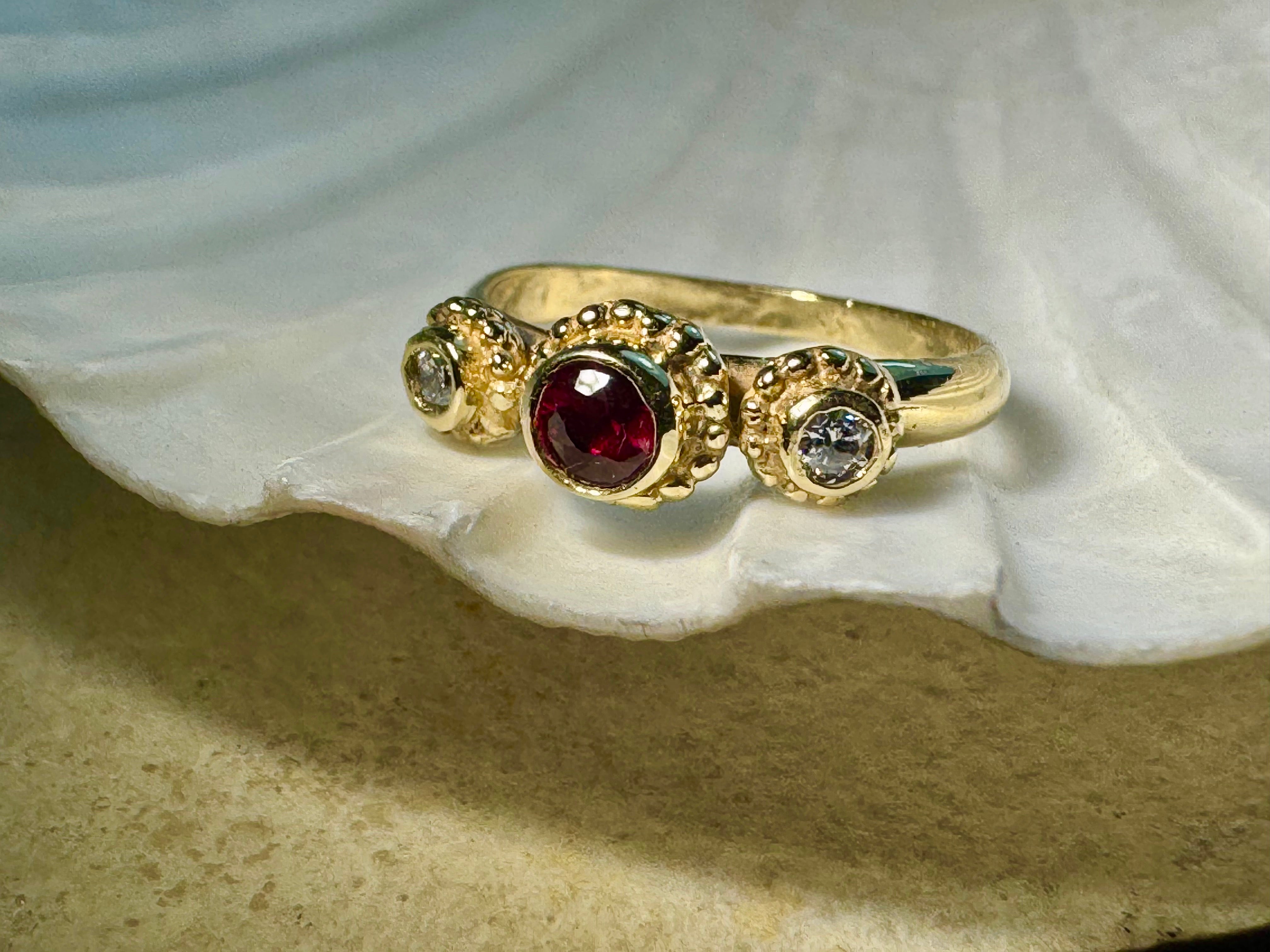 Ruby & Diamond Beaded Bezel 18k Ring