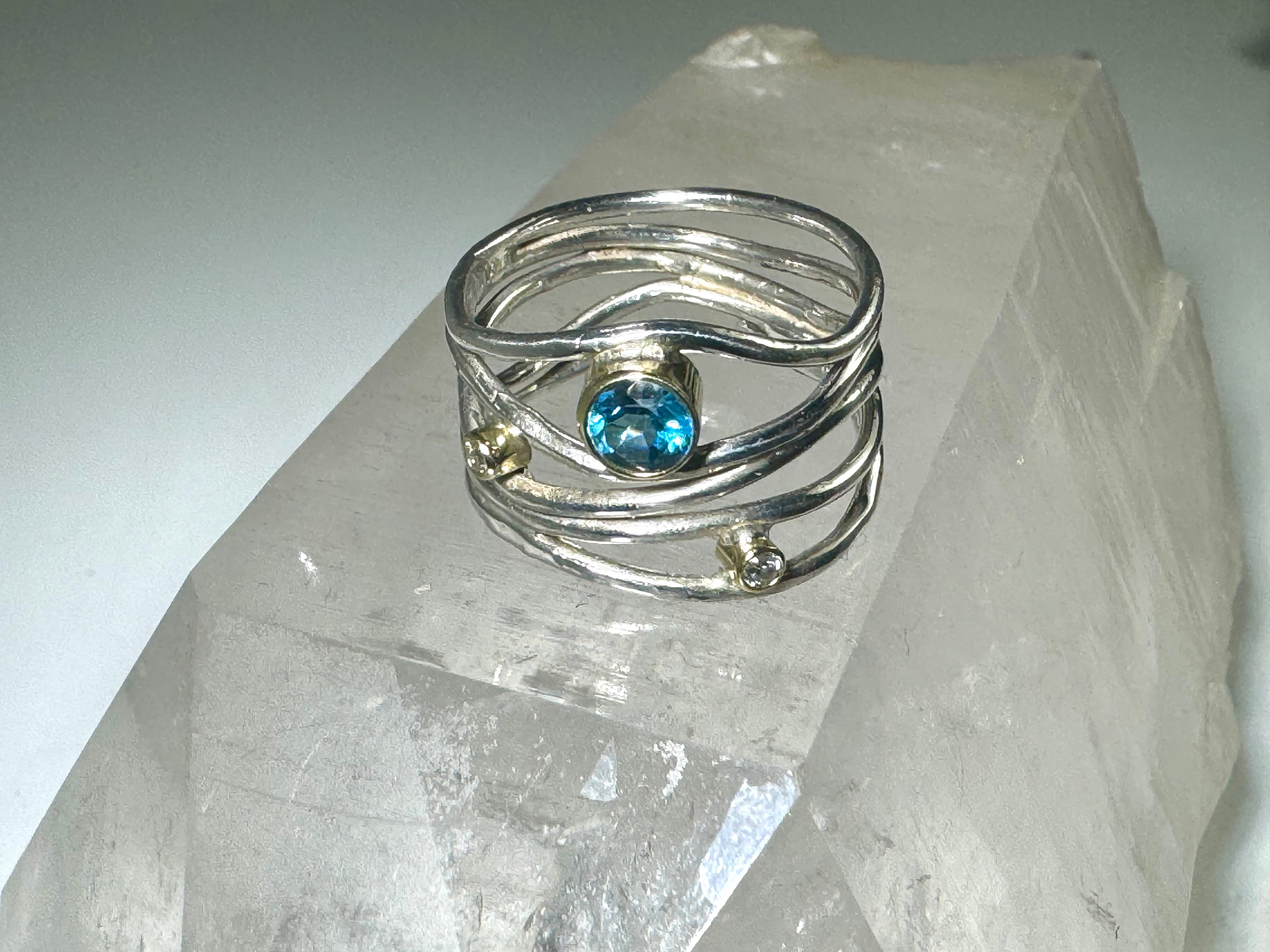 Blue Topaz Diamond 5 Wire Ring