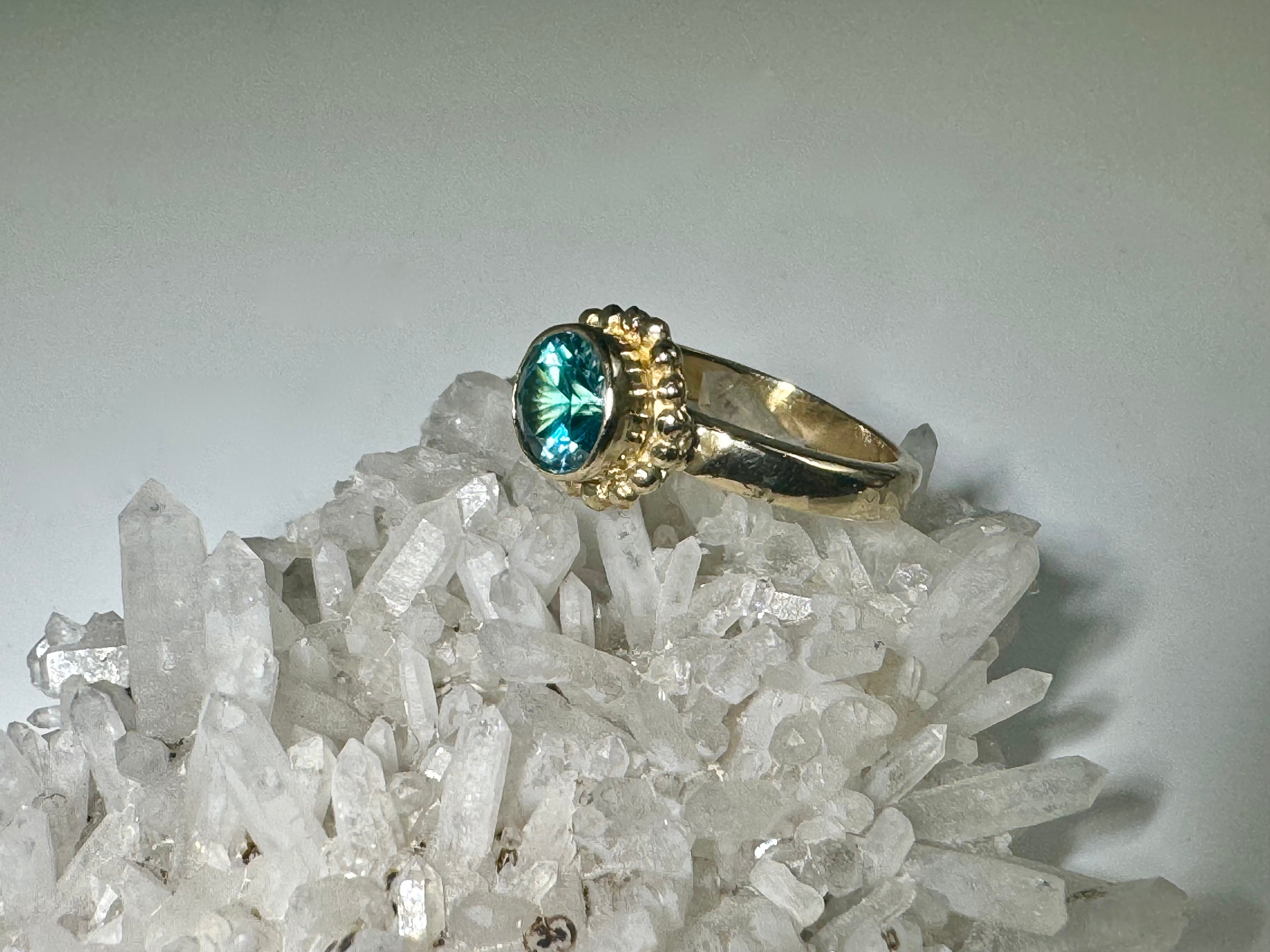 Blue Zircon Beaded Bezel 14 Gold Ring