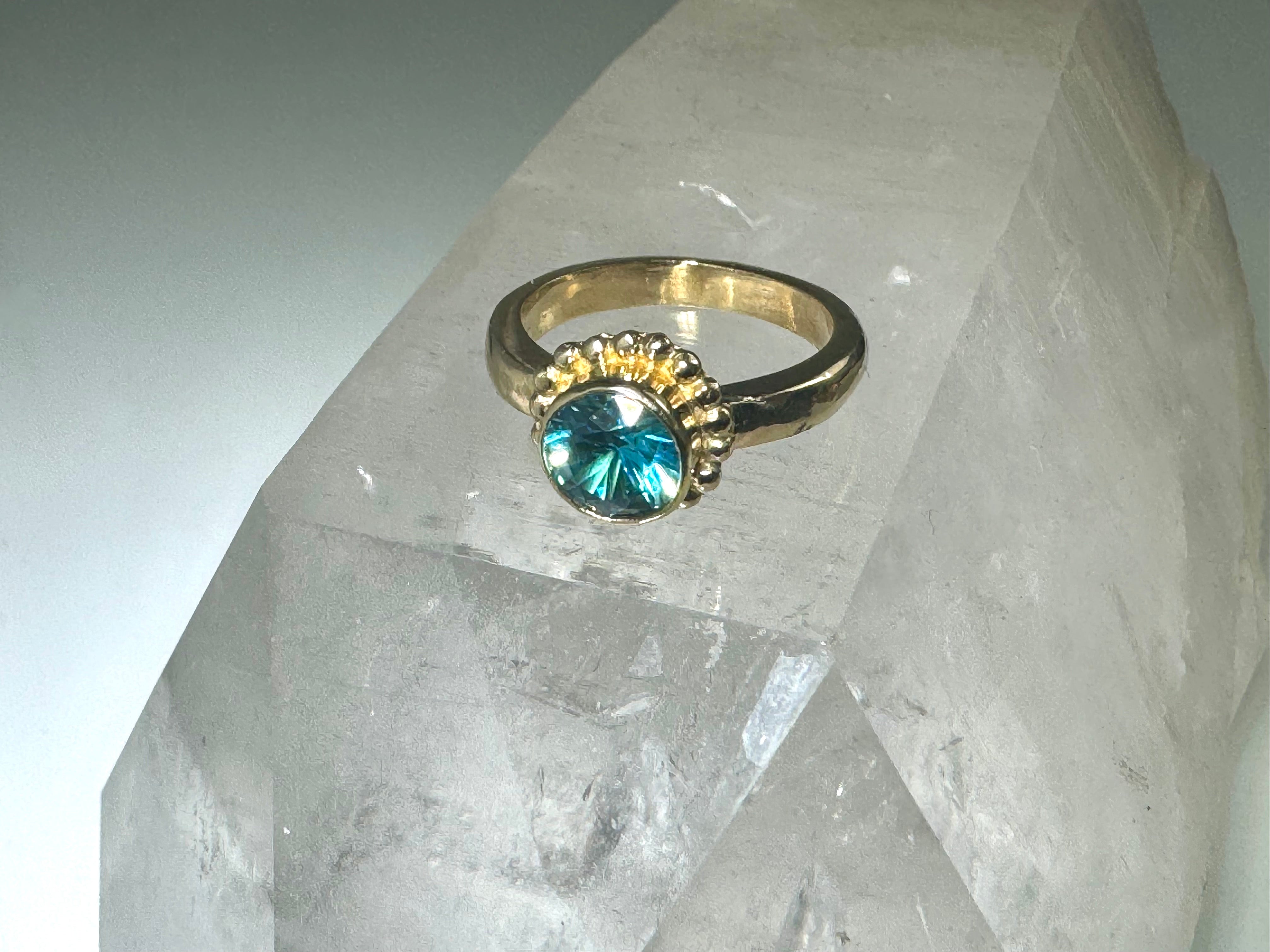 Blue Zircon Beaded Bezel 14 Gold Ring