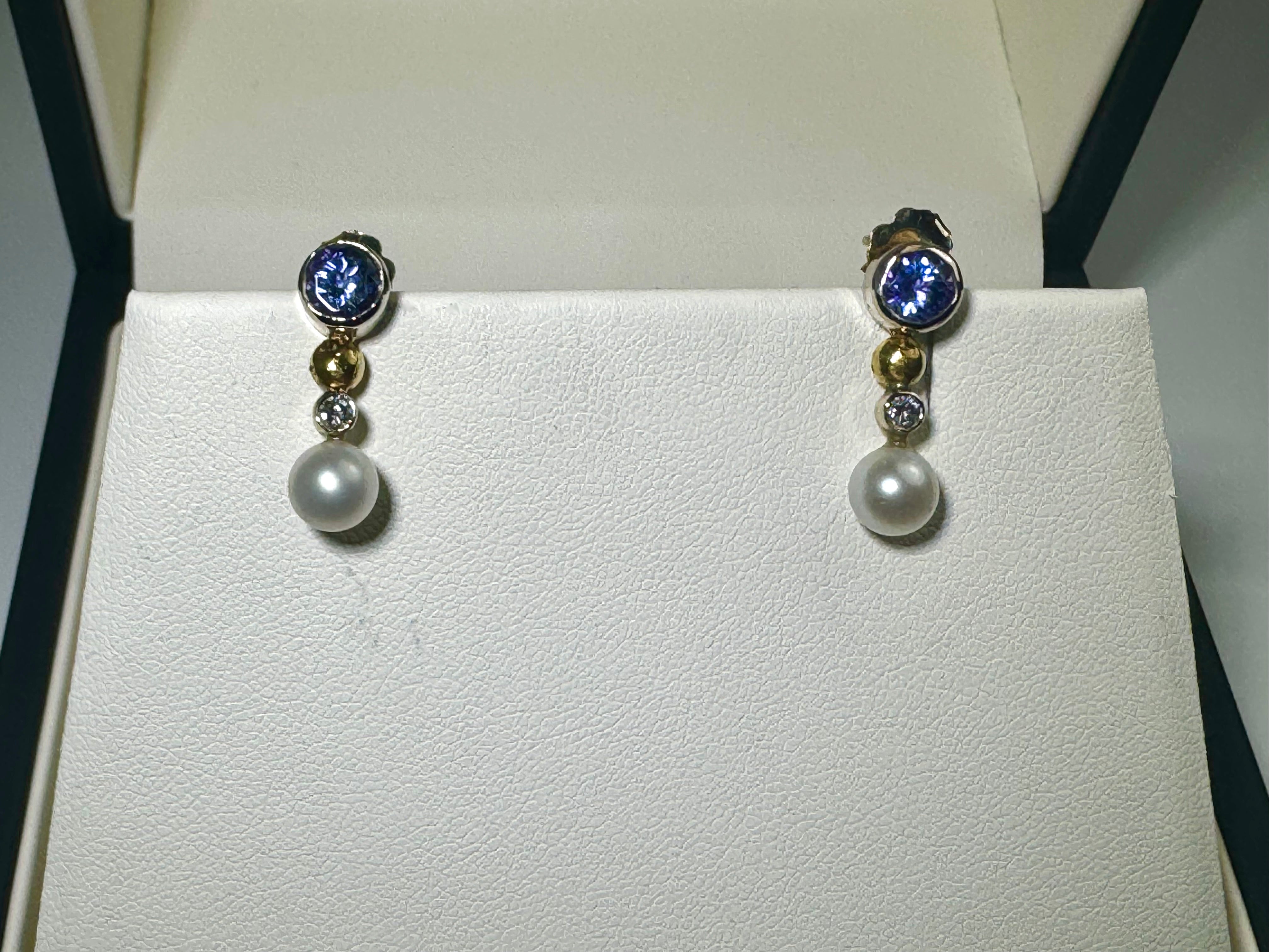 Tanzanite Diamond & Pearl Gold Studs