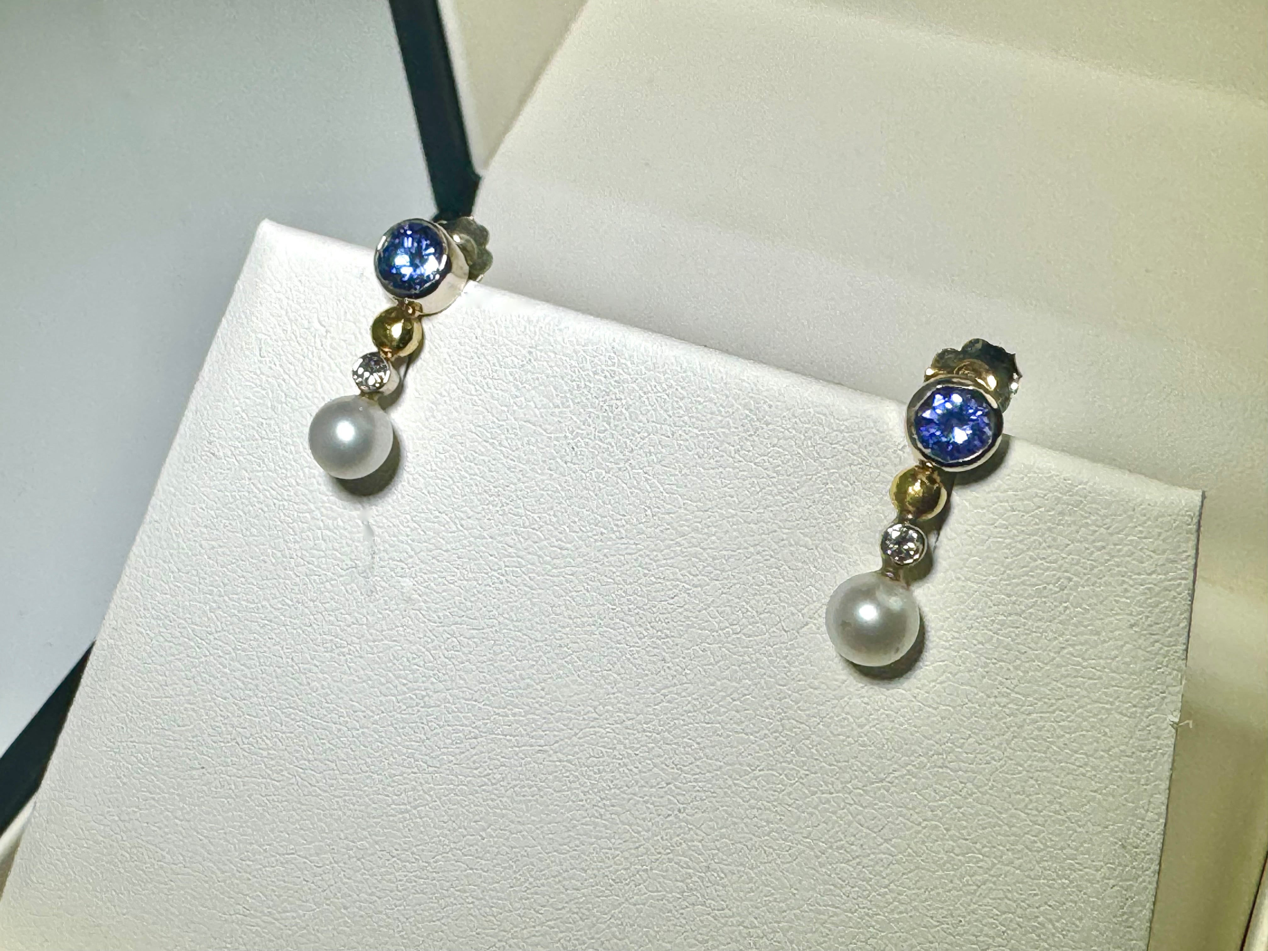 Tanzanite Diamond & Pearl Gold Studs