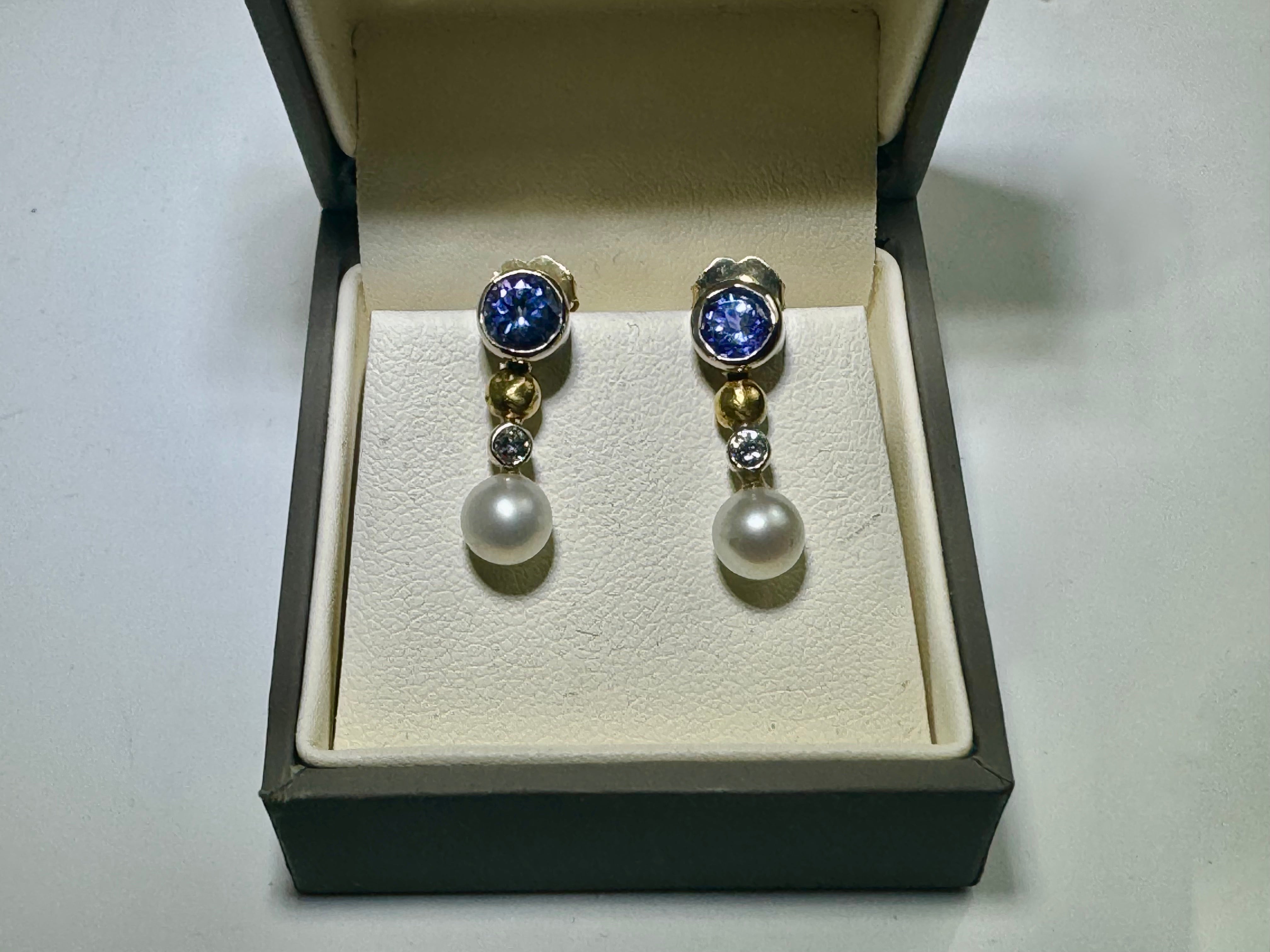 Tanzanite Diamond & Pearl Gold Studs