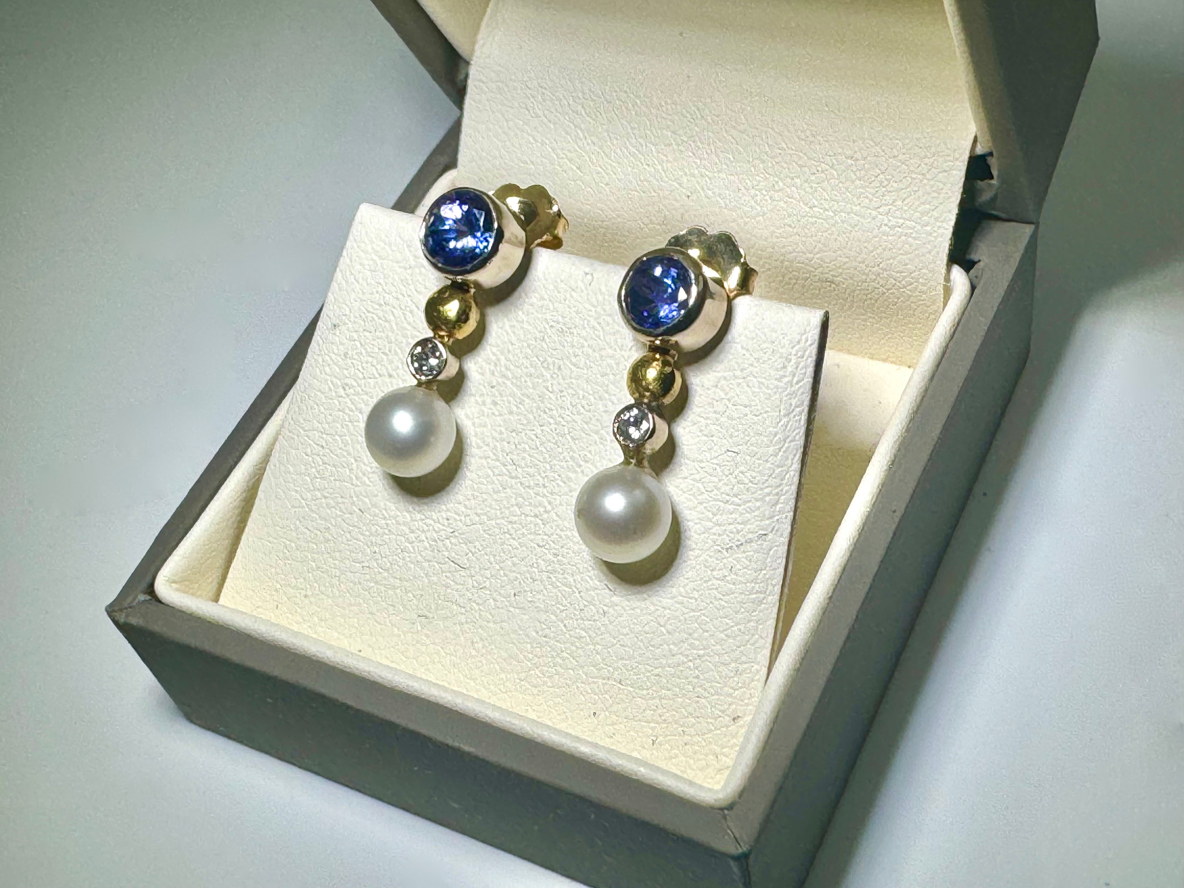 Tanzanite Diamond & Pearl Gold Studs