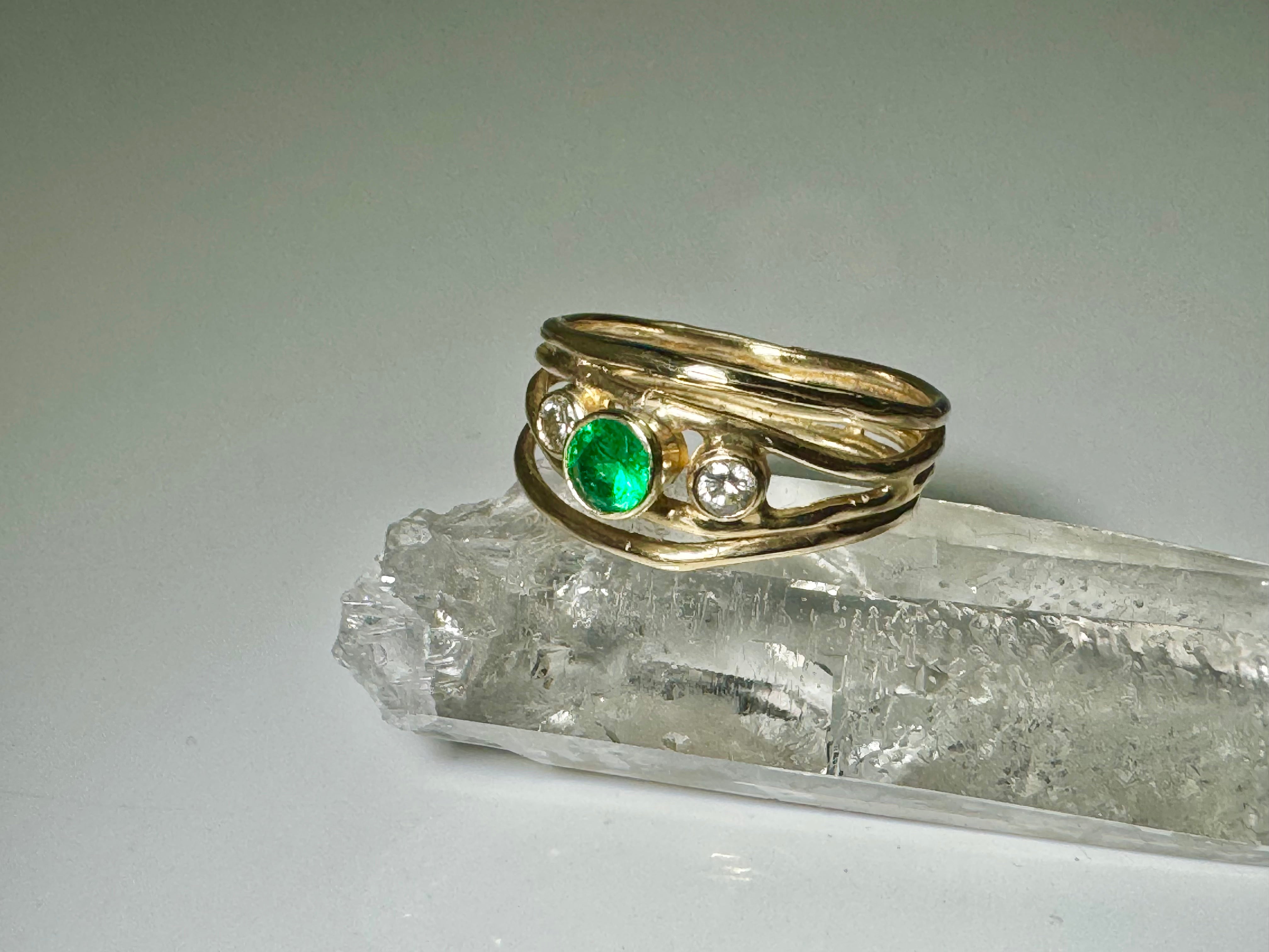 Emerald & Diamond 4 Band 18k Ring