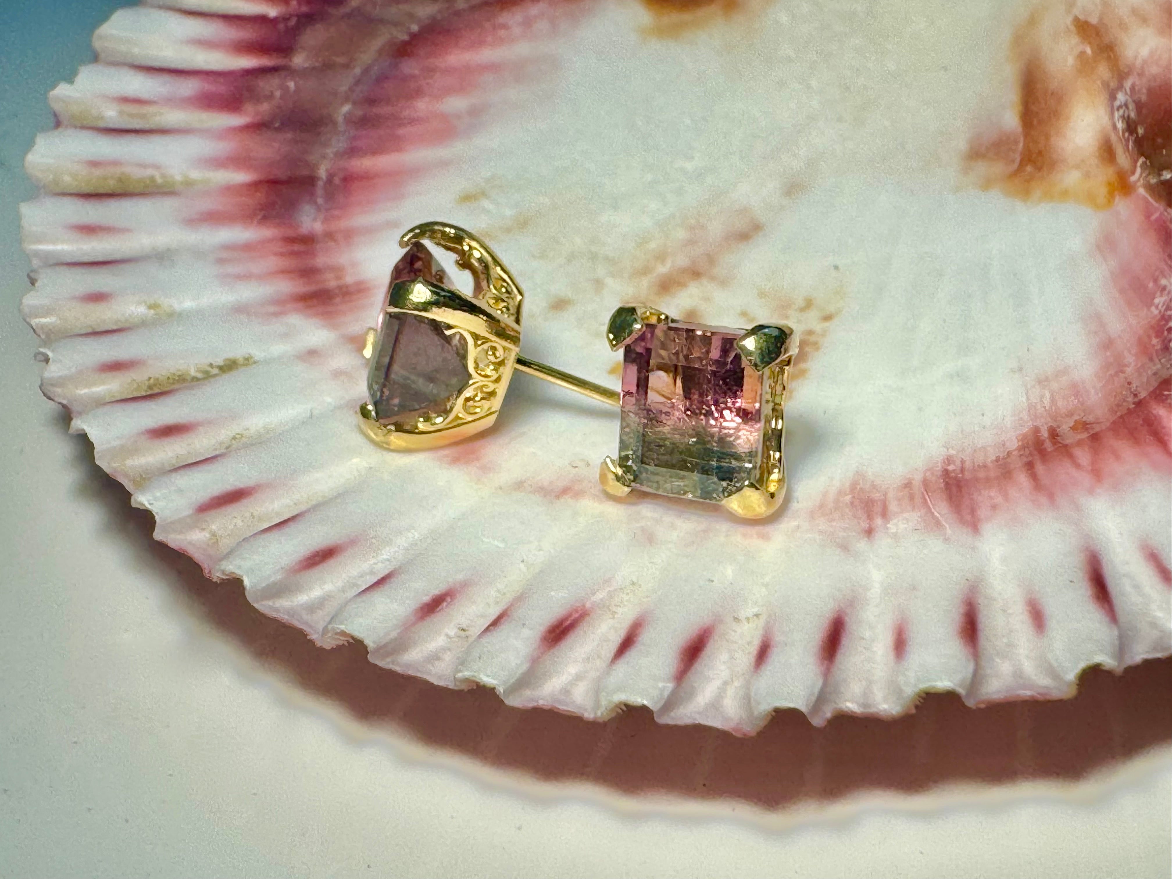 Bi-color Tourmaline Faceted 14k Studs