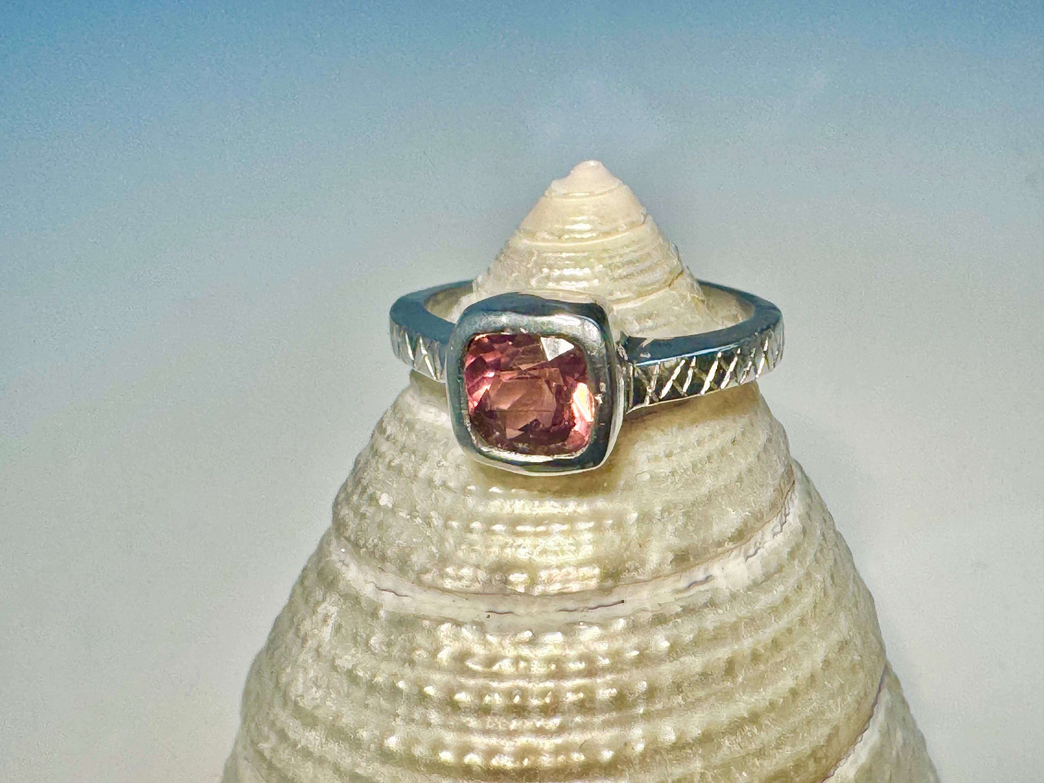 Pink Tourmaline Cushion Cut Sterling Ring