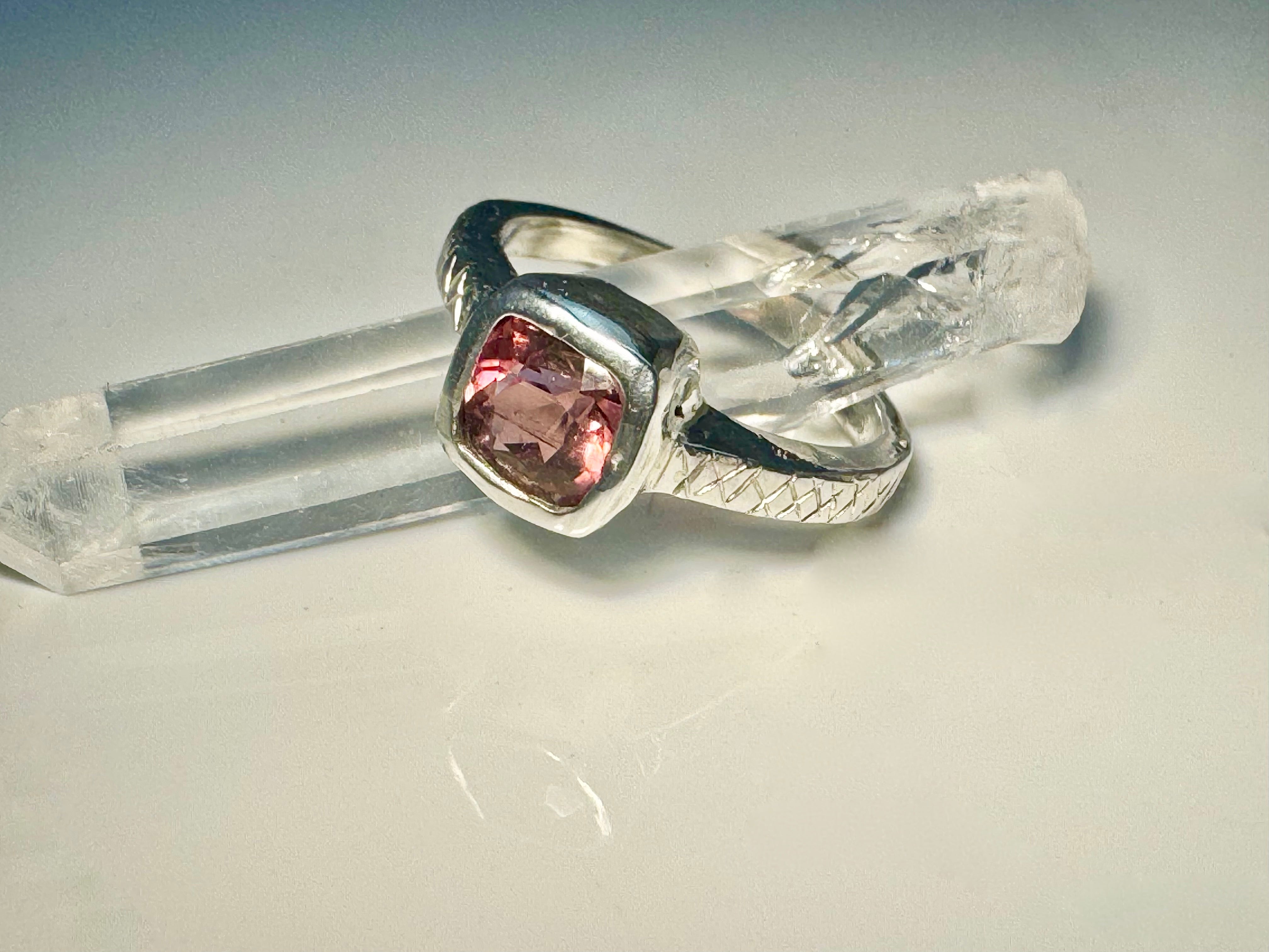 Pink Tourmaline Cushion Cut Sterling Ring