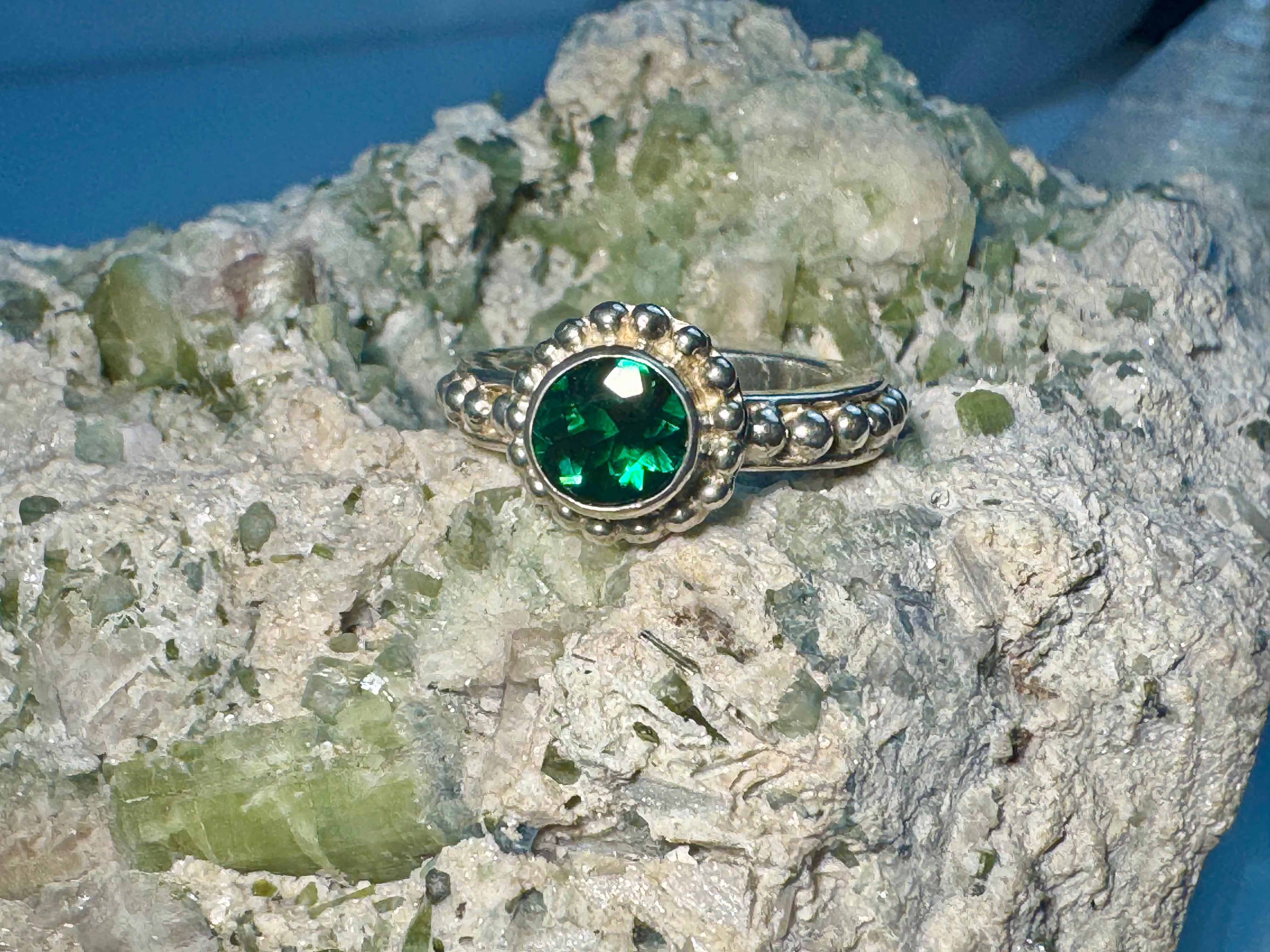 Green Tourmaline Beaded Sterling Ring