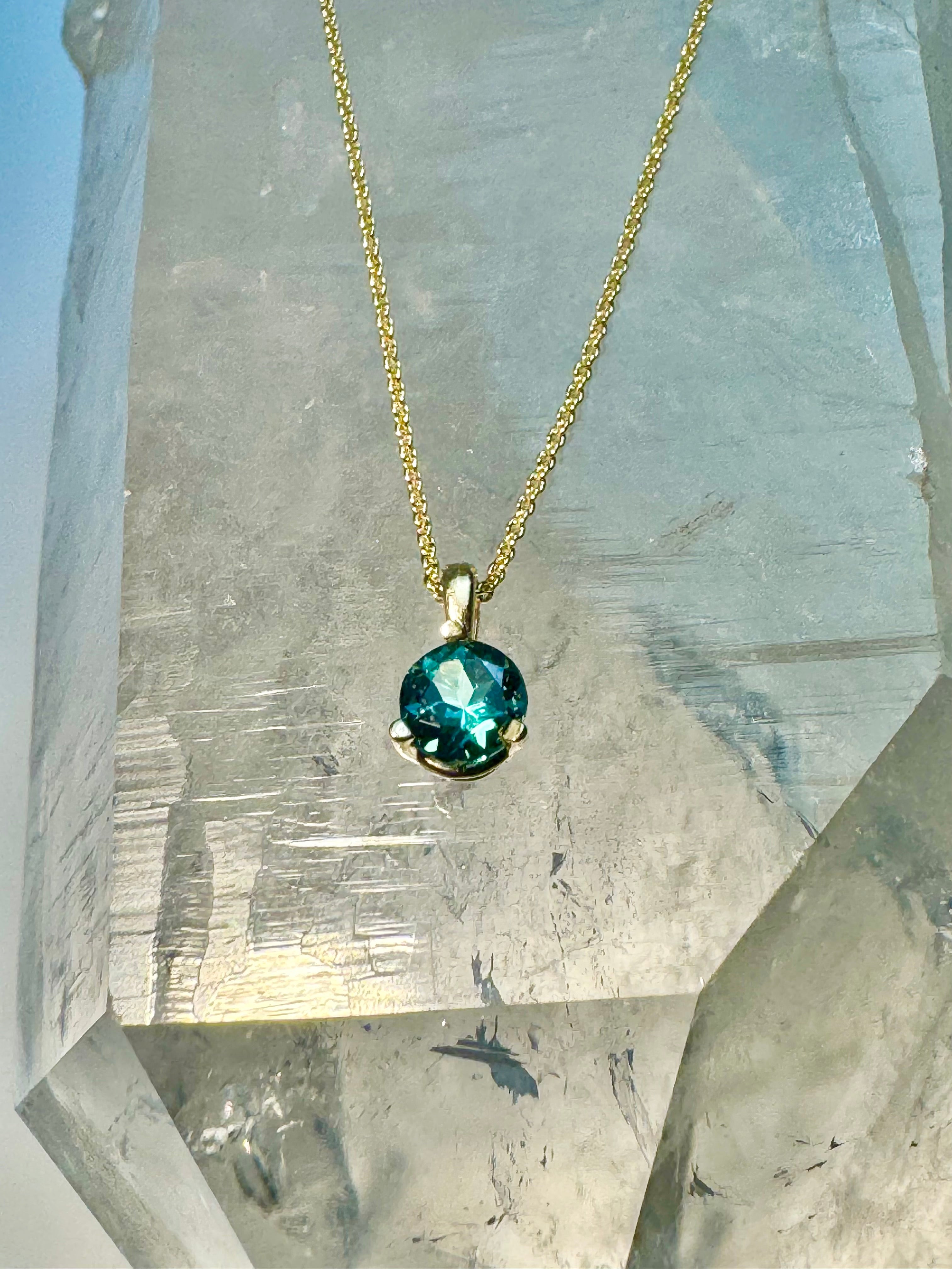 Blue Green Indicolite Tourmaline 14k 3 Prong Pendant