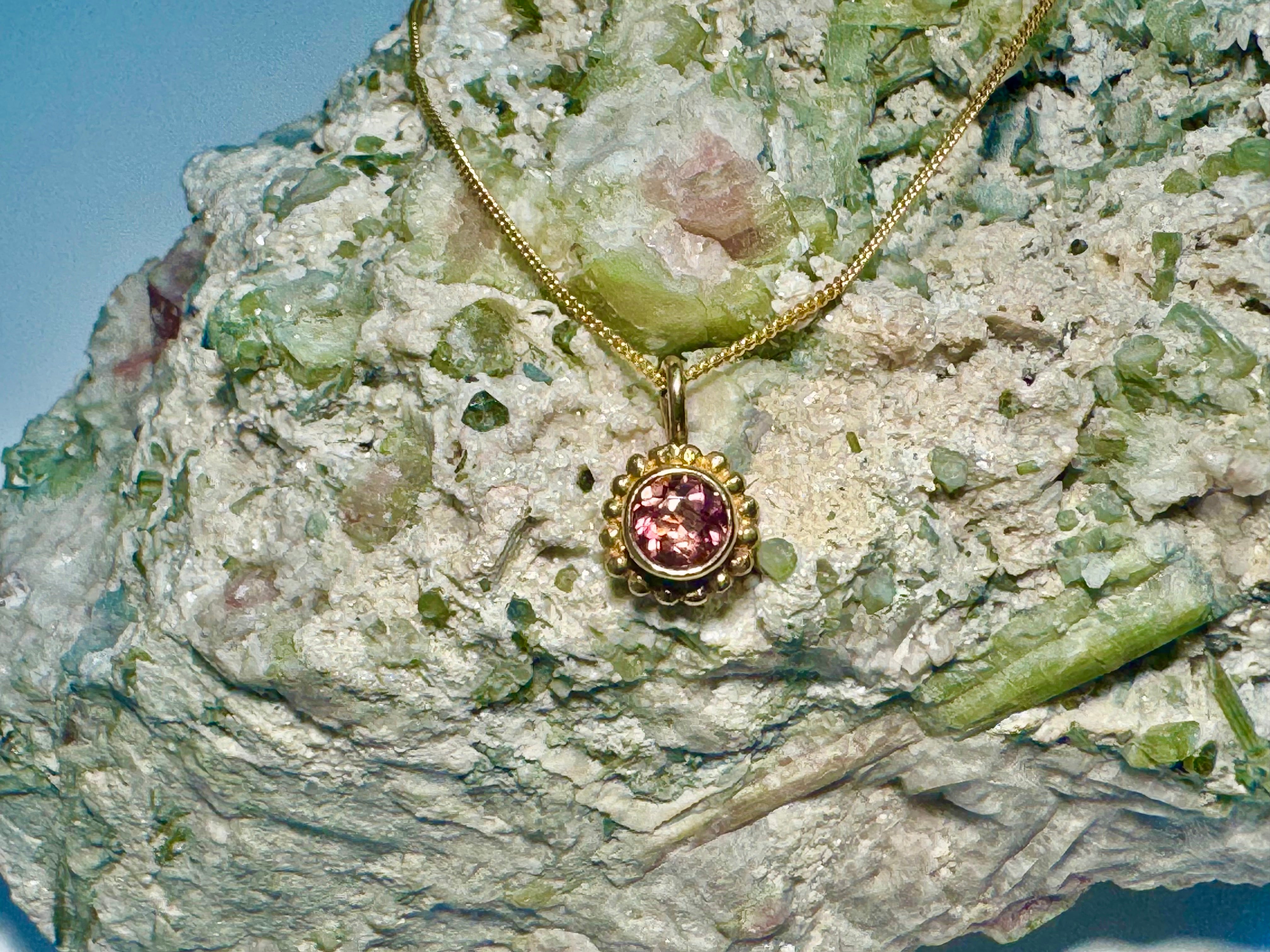 Pink Tourmaline Beaded Bezel 14k Pendant