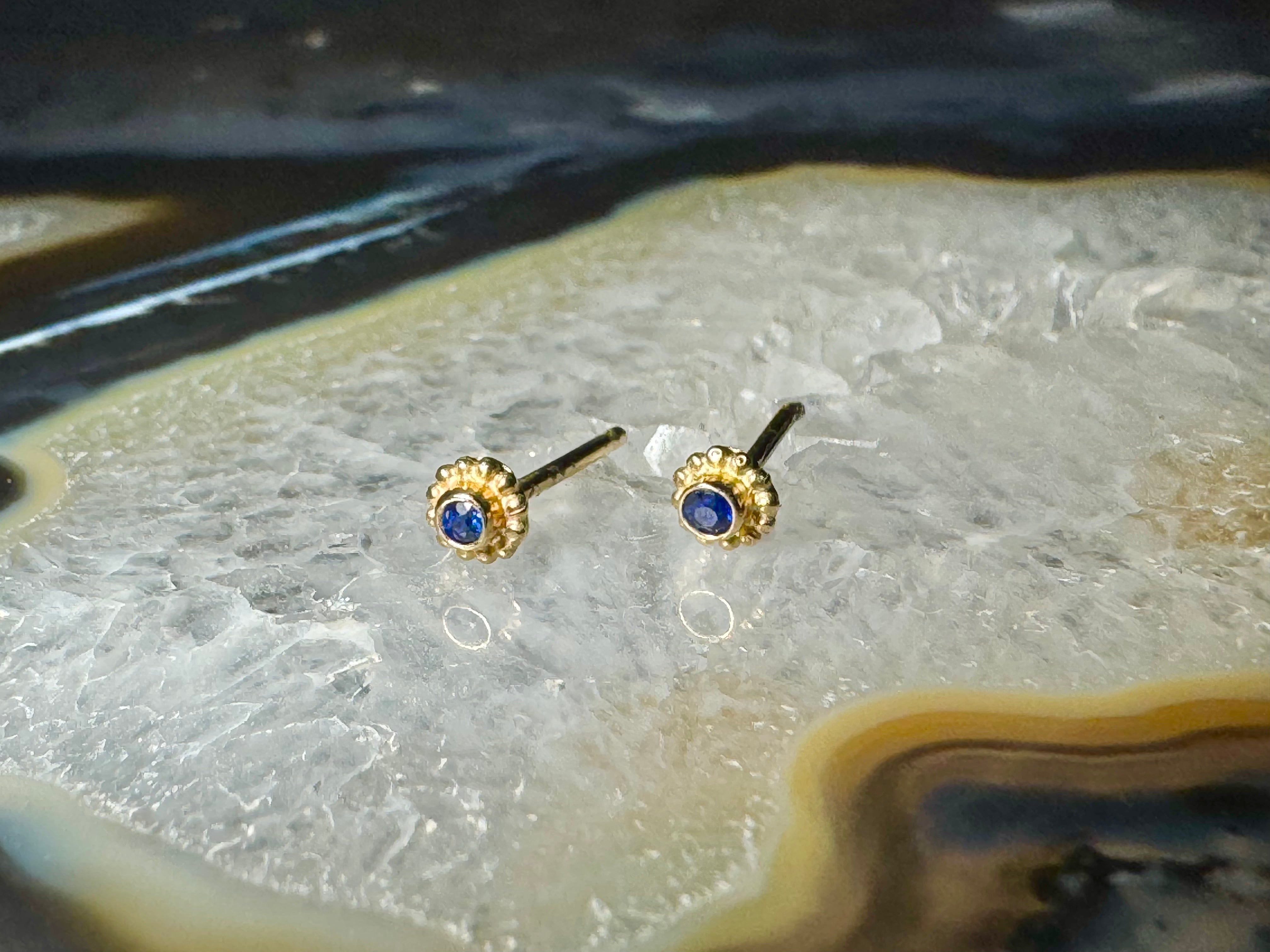 Sapphire Beaded Bezel 14k Studs