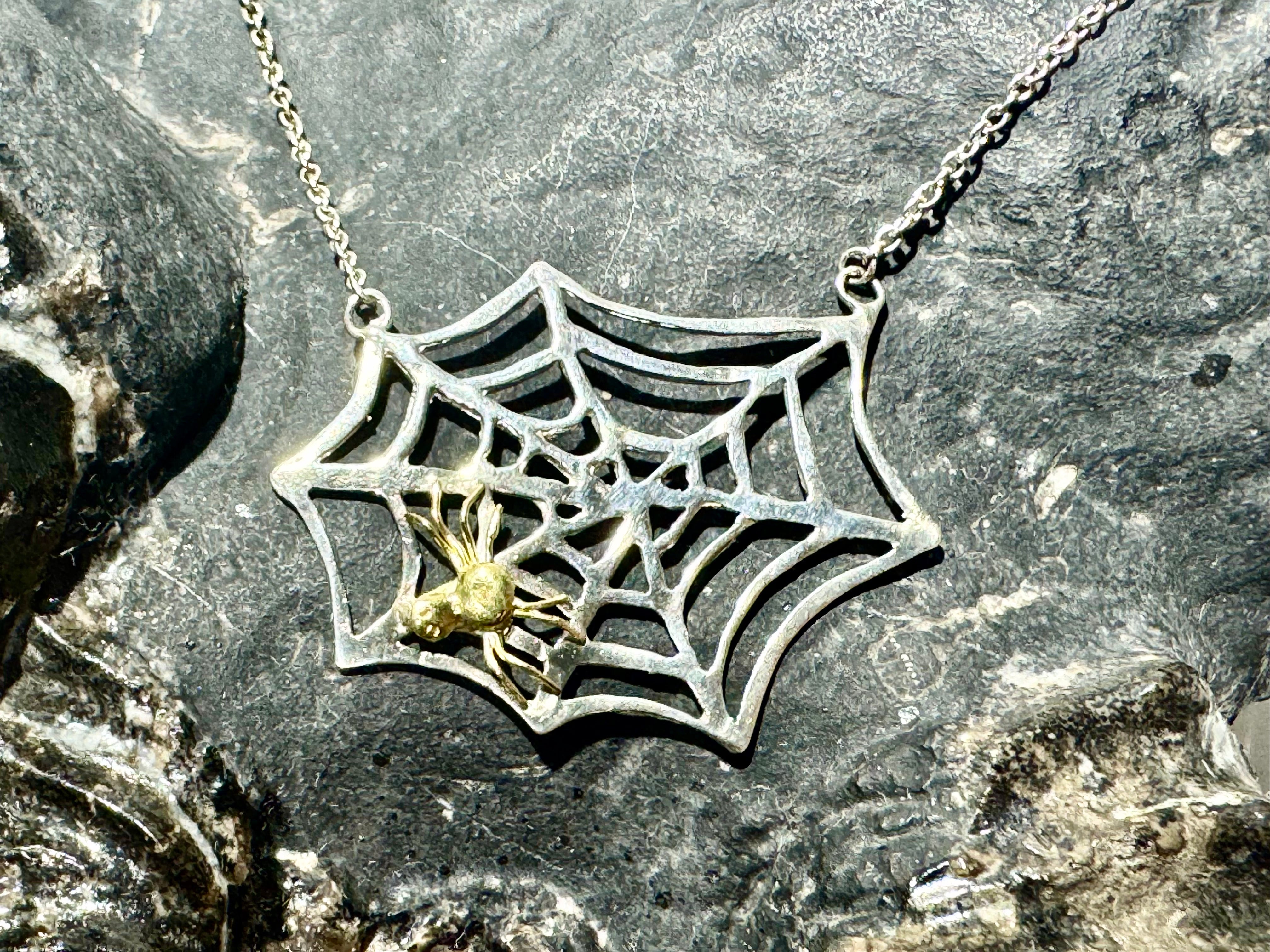 Spider Web With Spider Two Tone Necklace