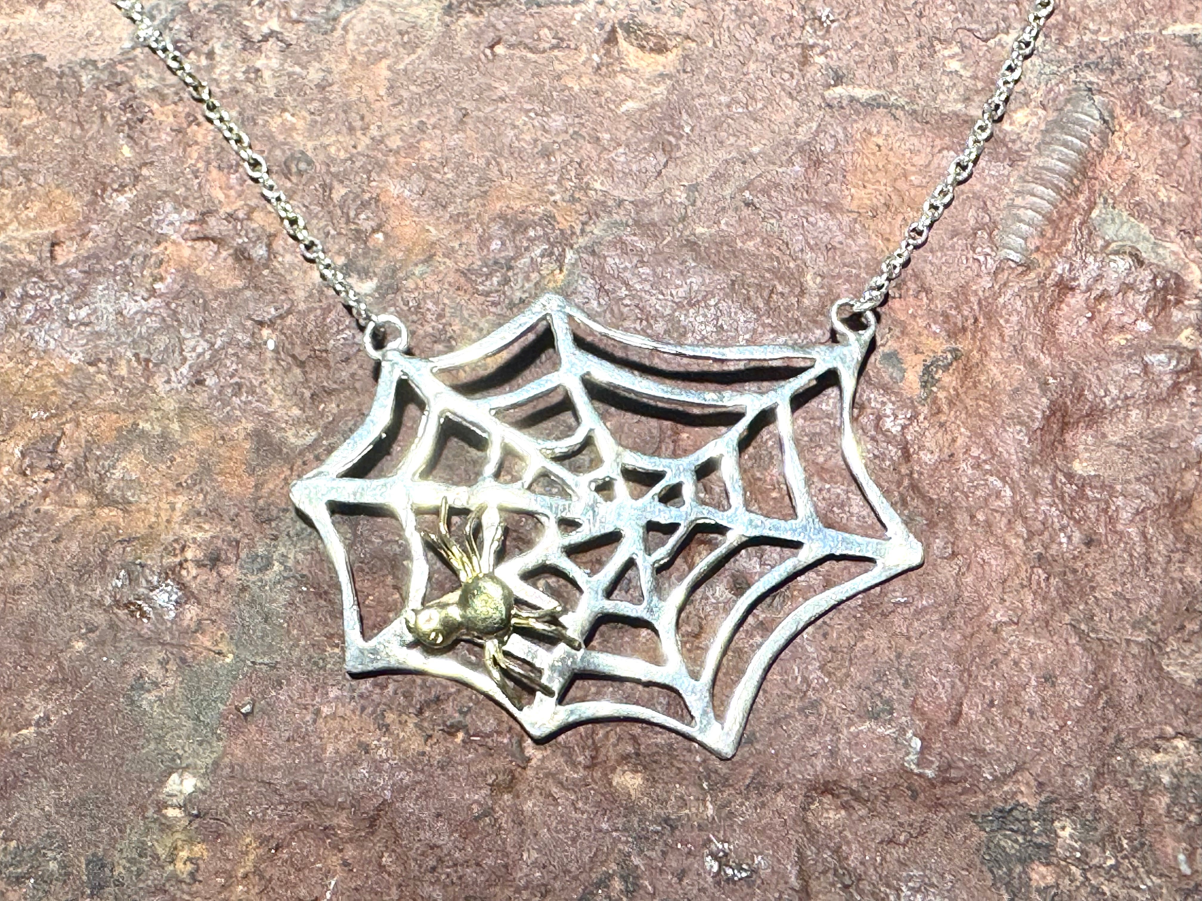 Spider Web With Spider Two Tone Necklace