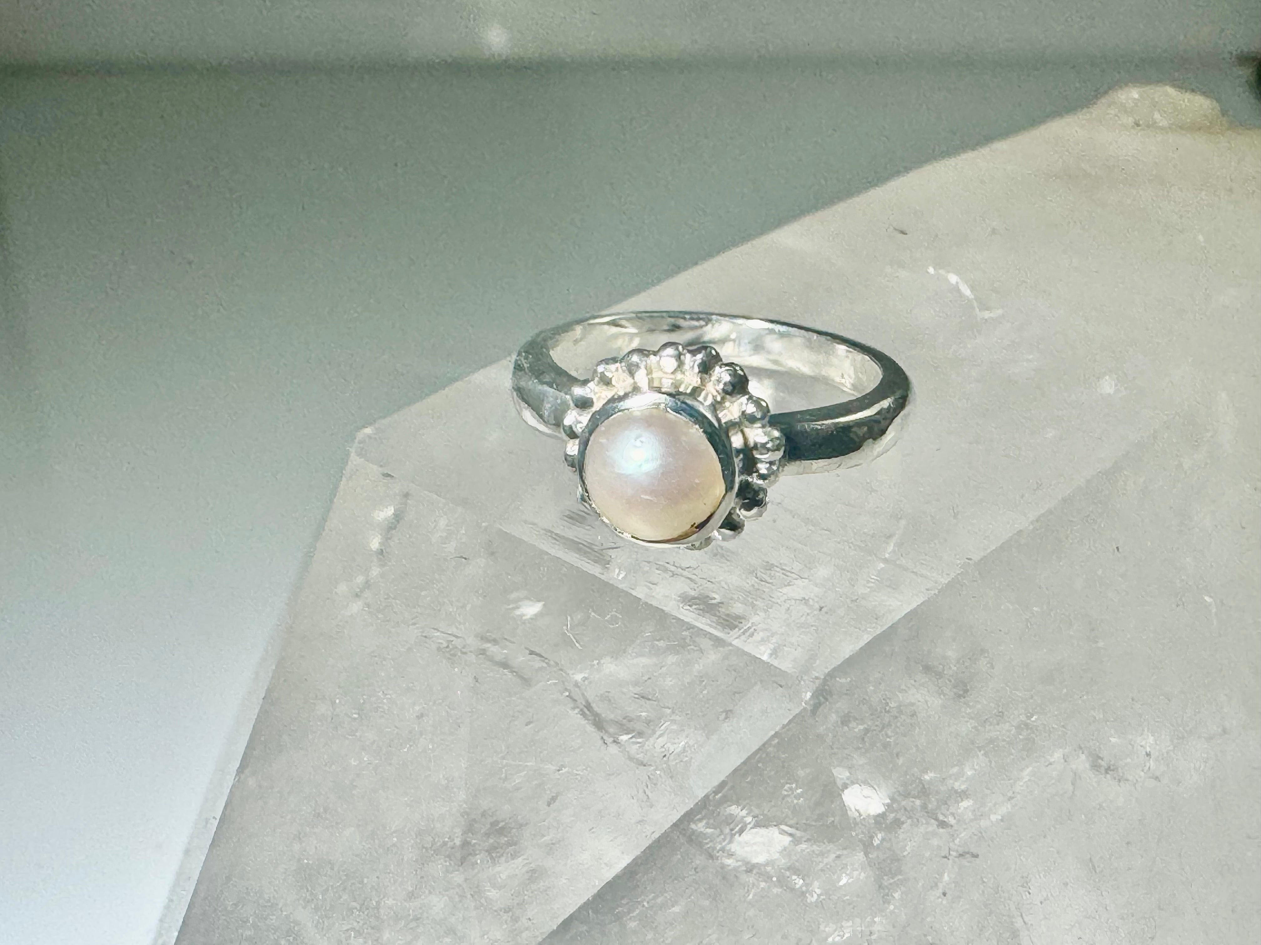 Pearl Akoya Beaded Bezel Sterling Ring