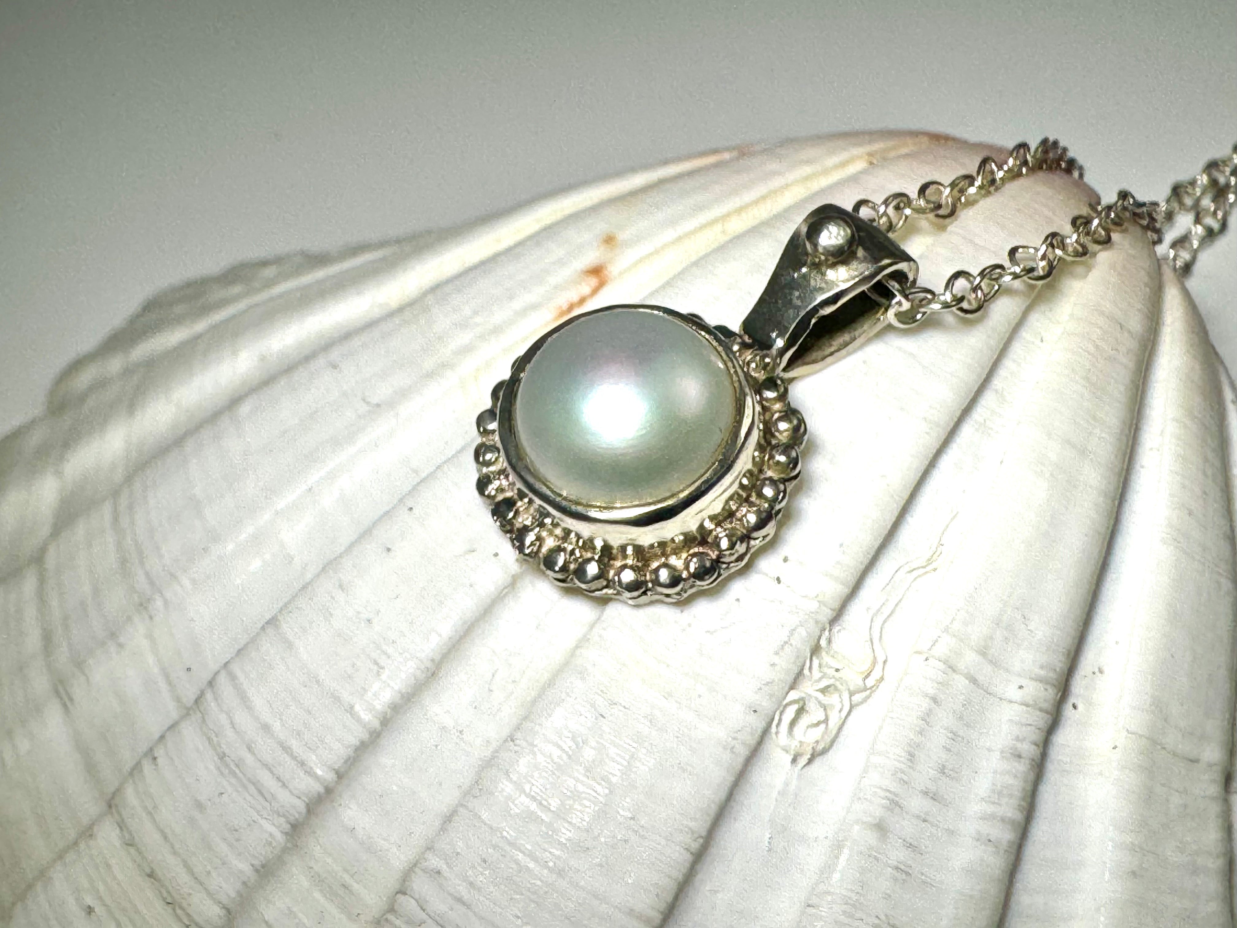 Pearl Beaded Bezel Sterling Pendant