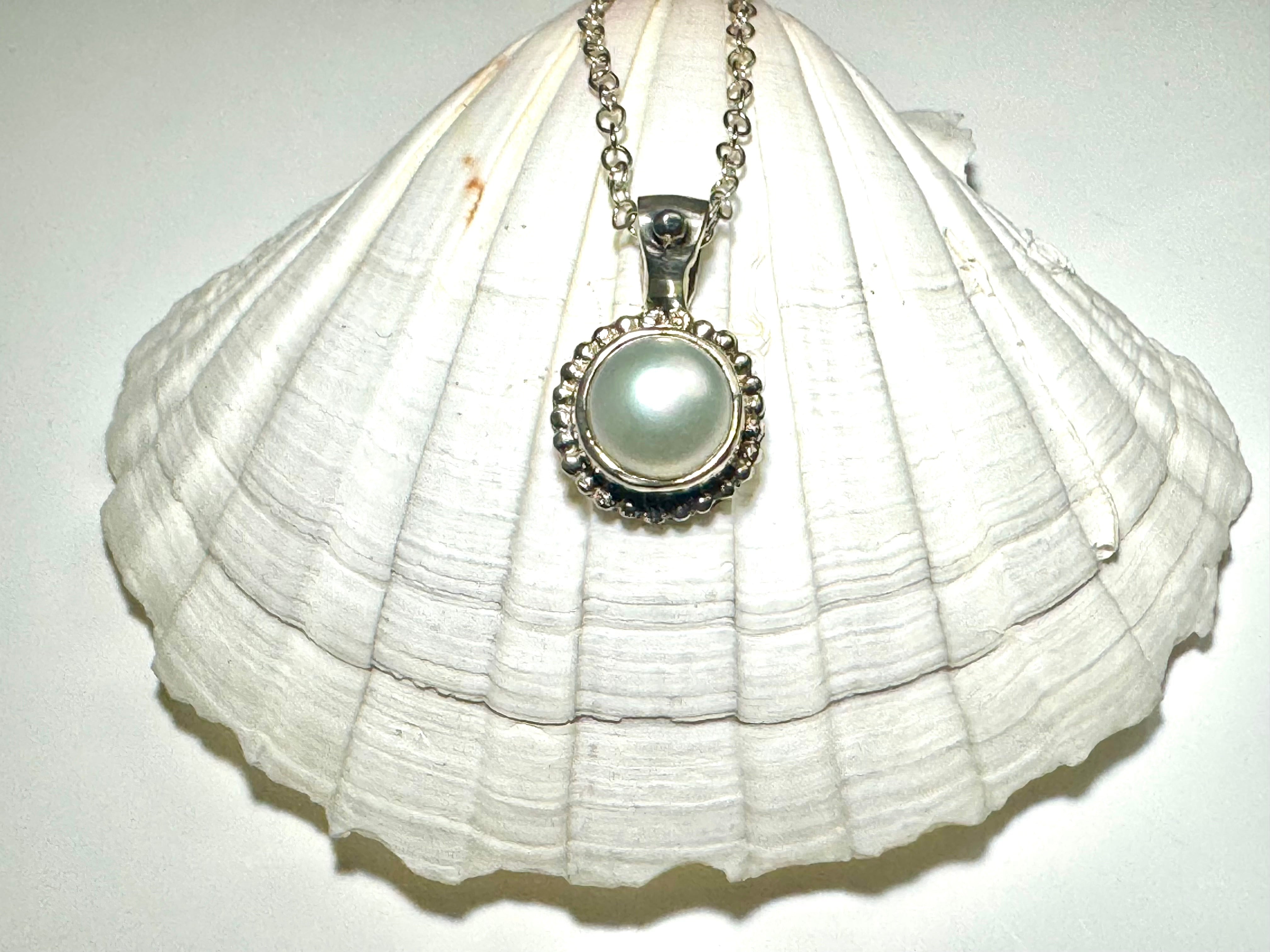 Pearl Beaded Bezel Sterling Pendant