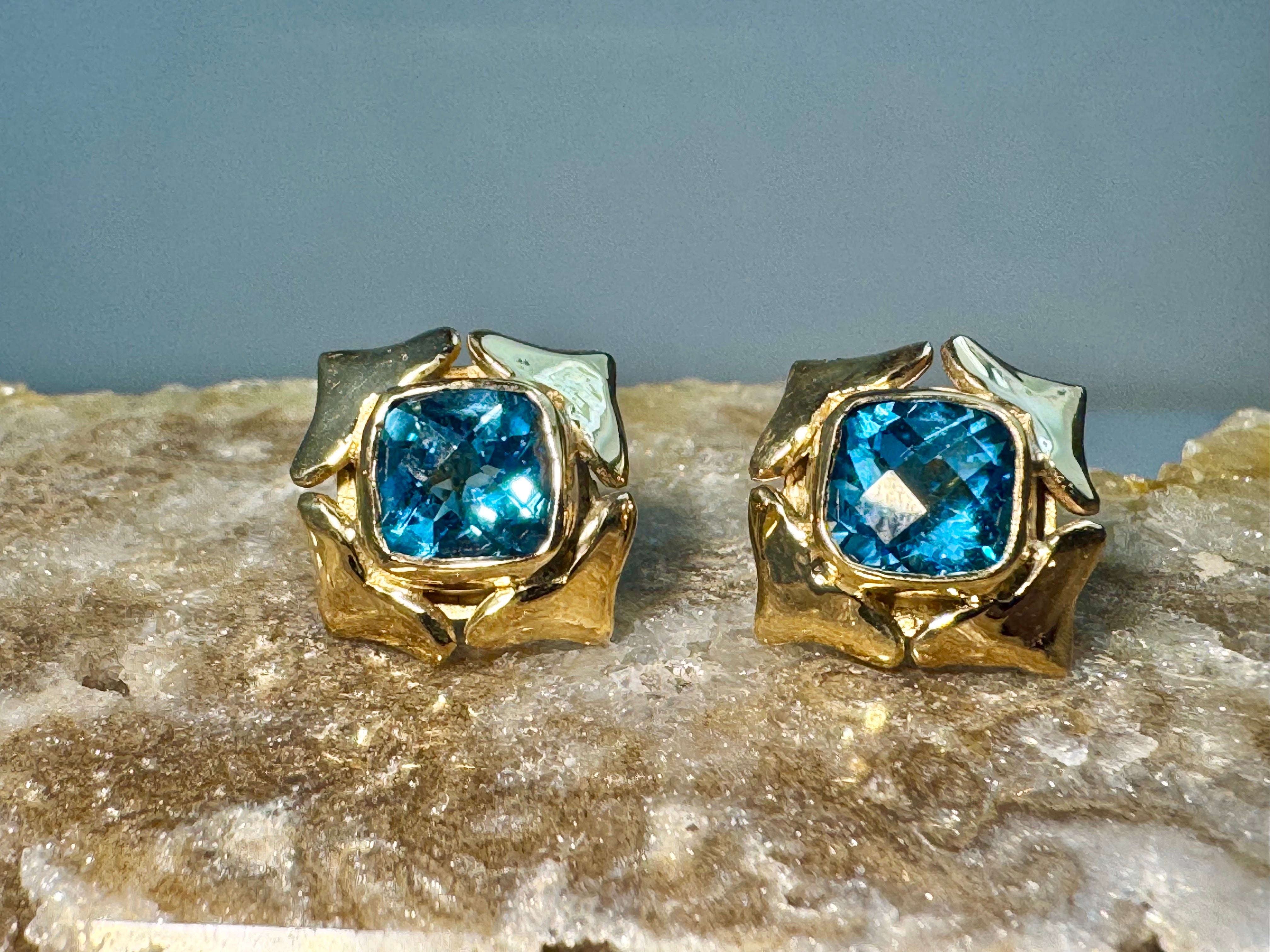 Blue Topaz Lotus Flower 14k Studs