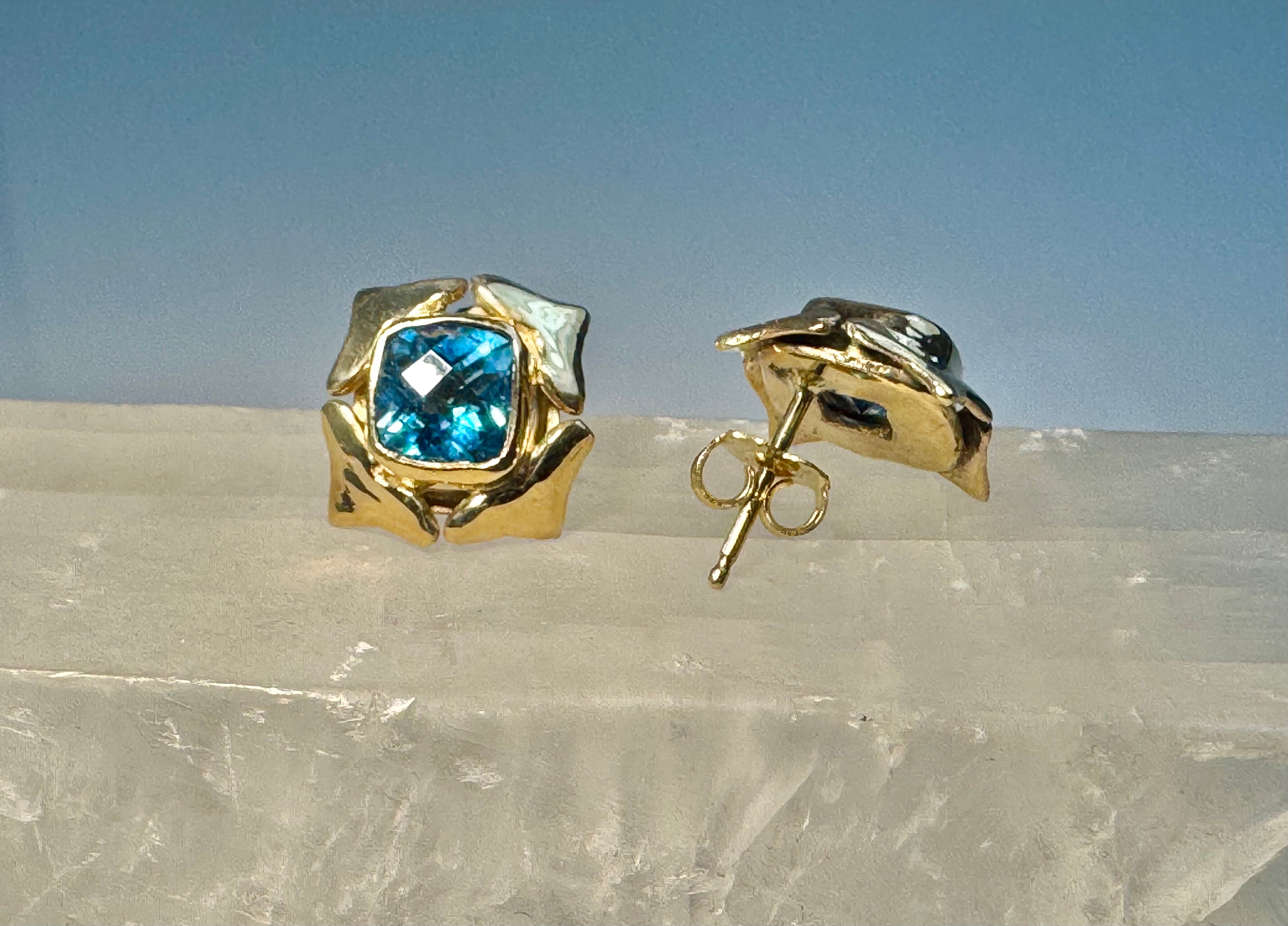 Blue Topaz Lotus Flower 14k Studs