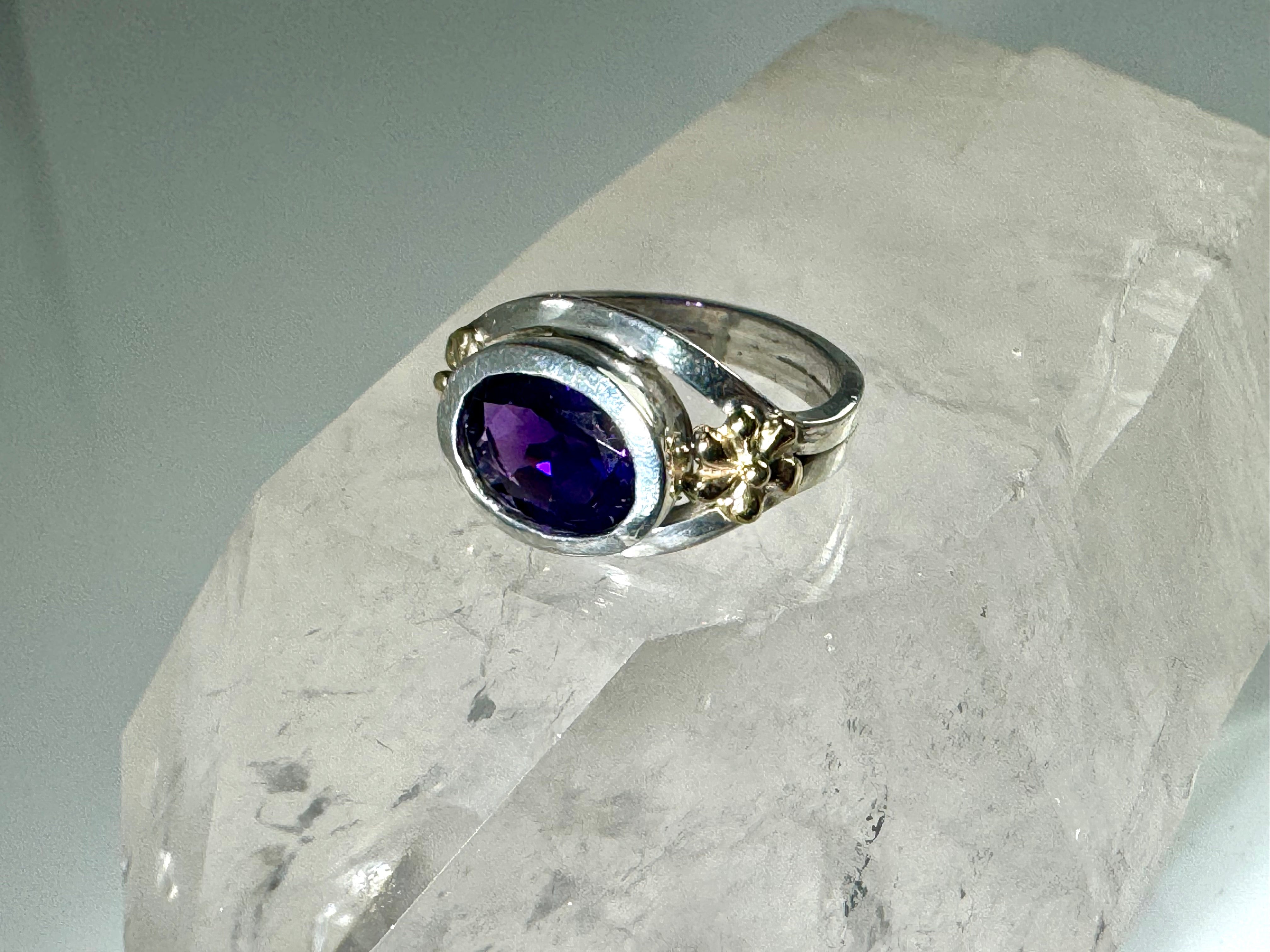 Amethyst & 18k Flower Sterling Ring