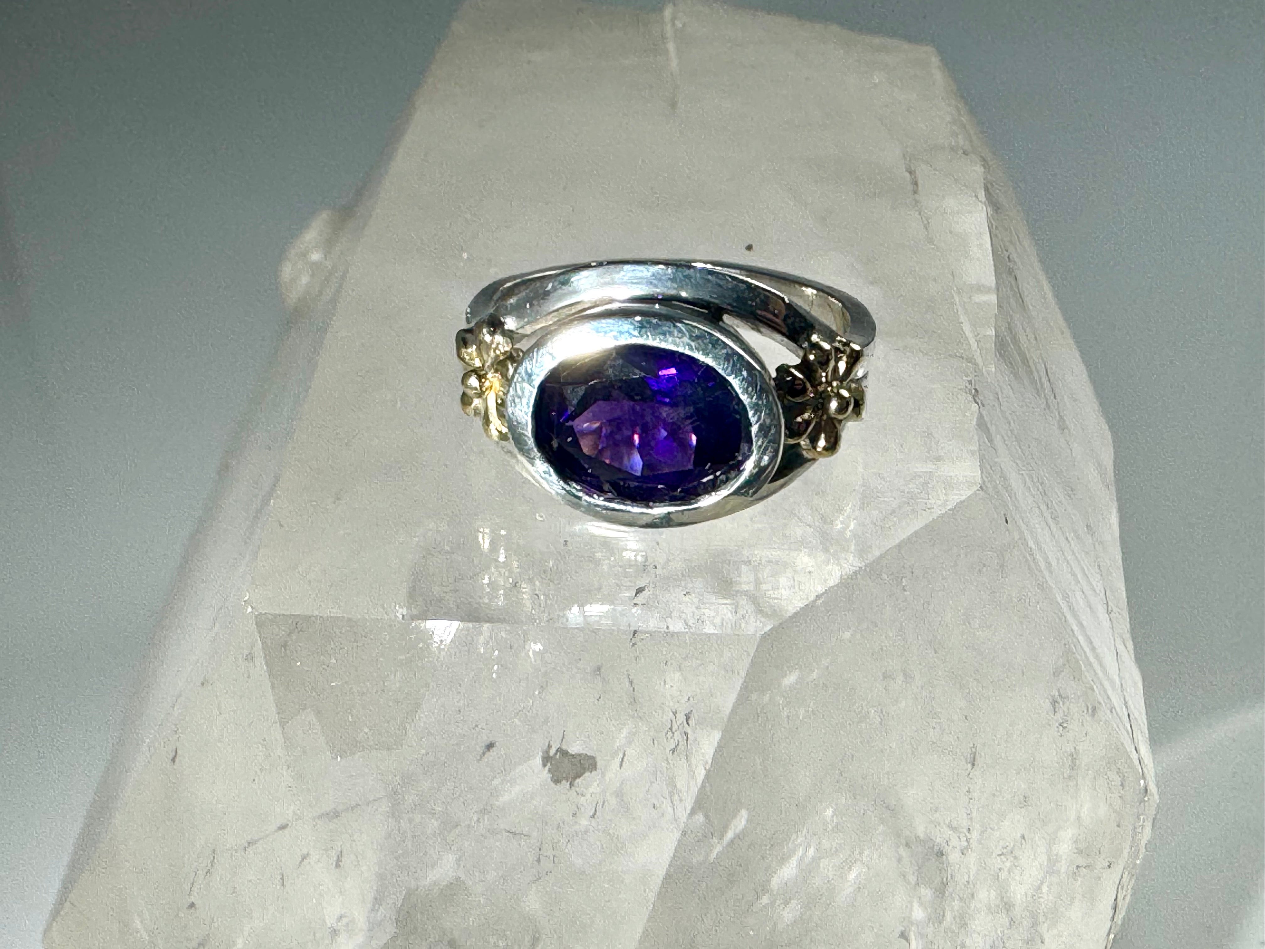 Amethyst & 18k Flower Sterling Ring