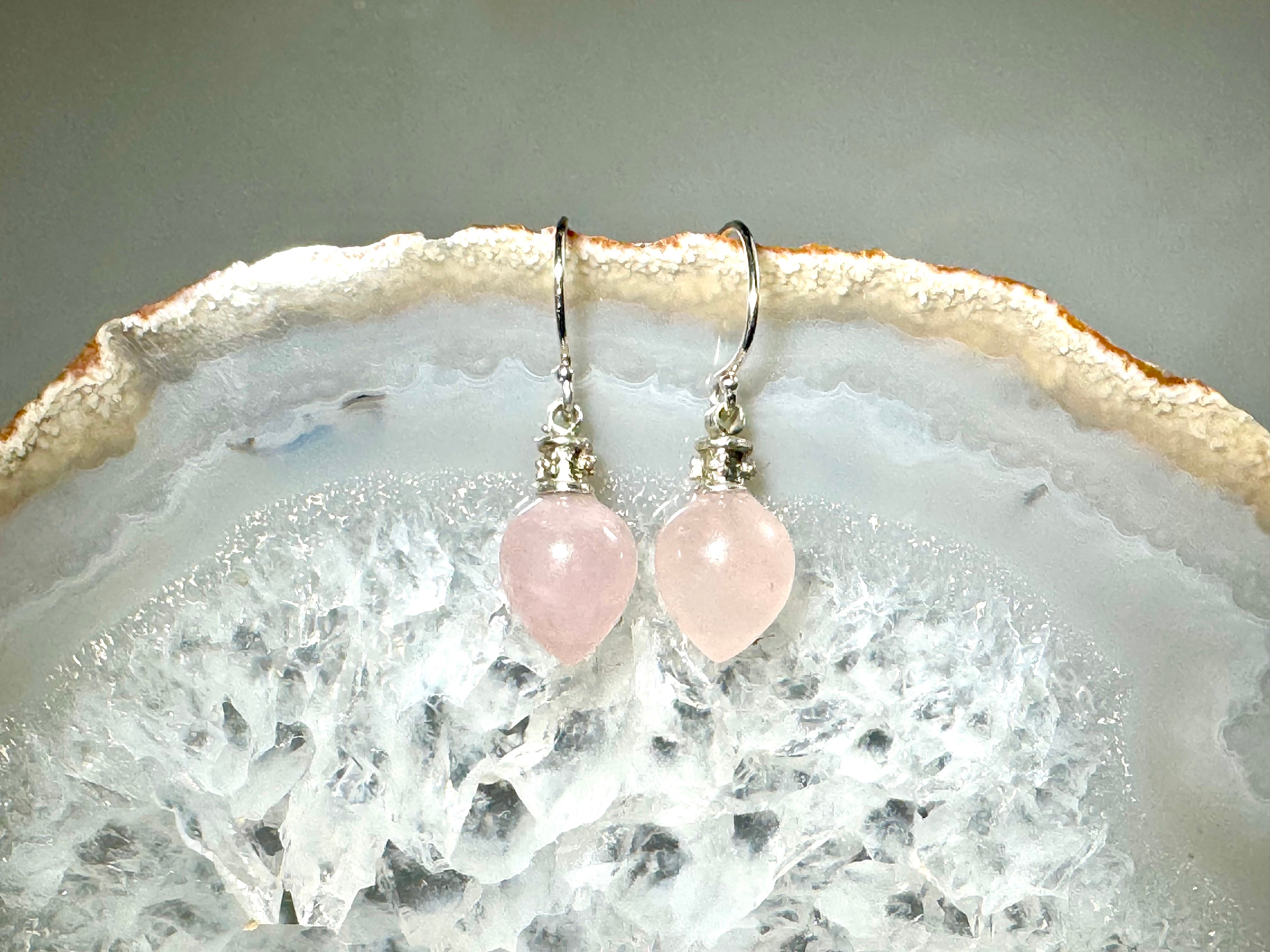 Rose Quartz Pear Sterling Dangles