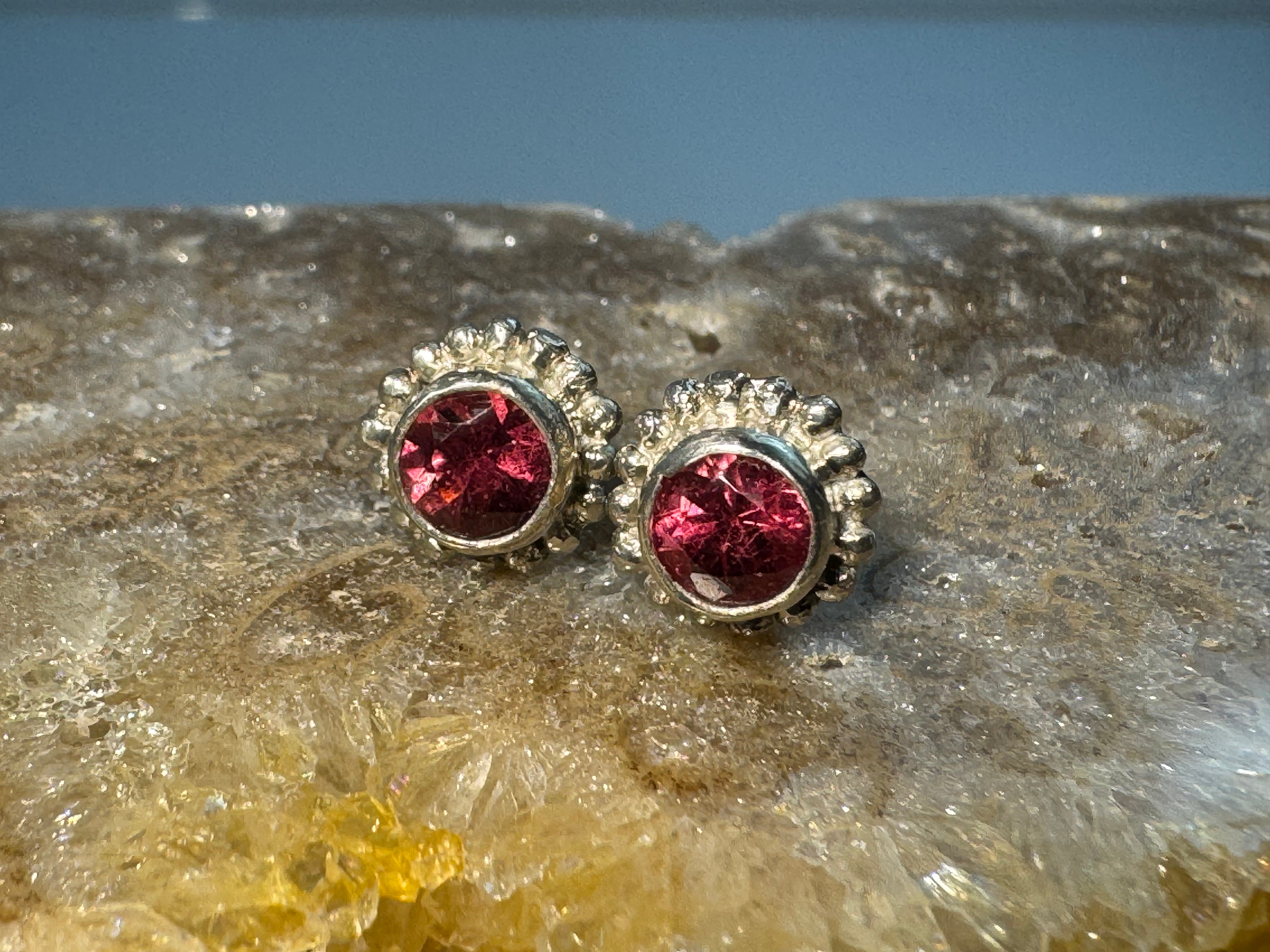 Pink Tourmaline Beaded Bezel Sterling Studs